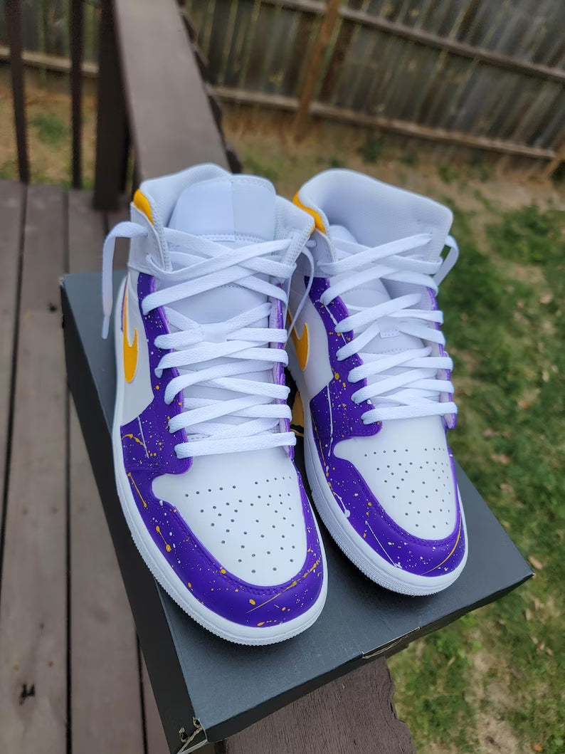 Custom Air Jordan 1 White Purple Yellow Splatter Design