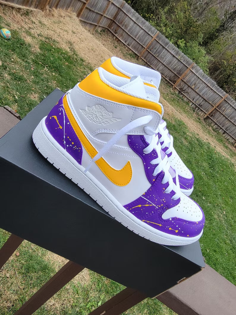 Custom Air Jordan 1 White Purple Yellow Splatter Design