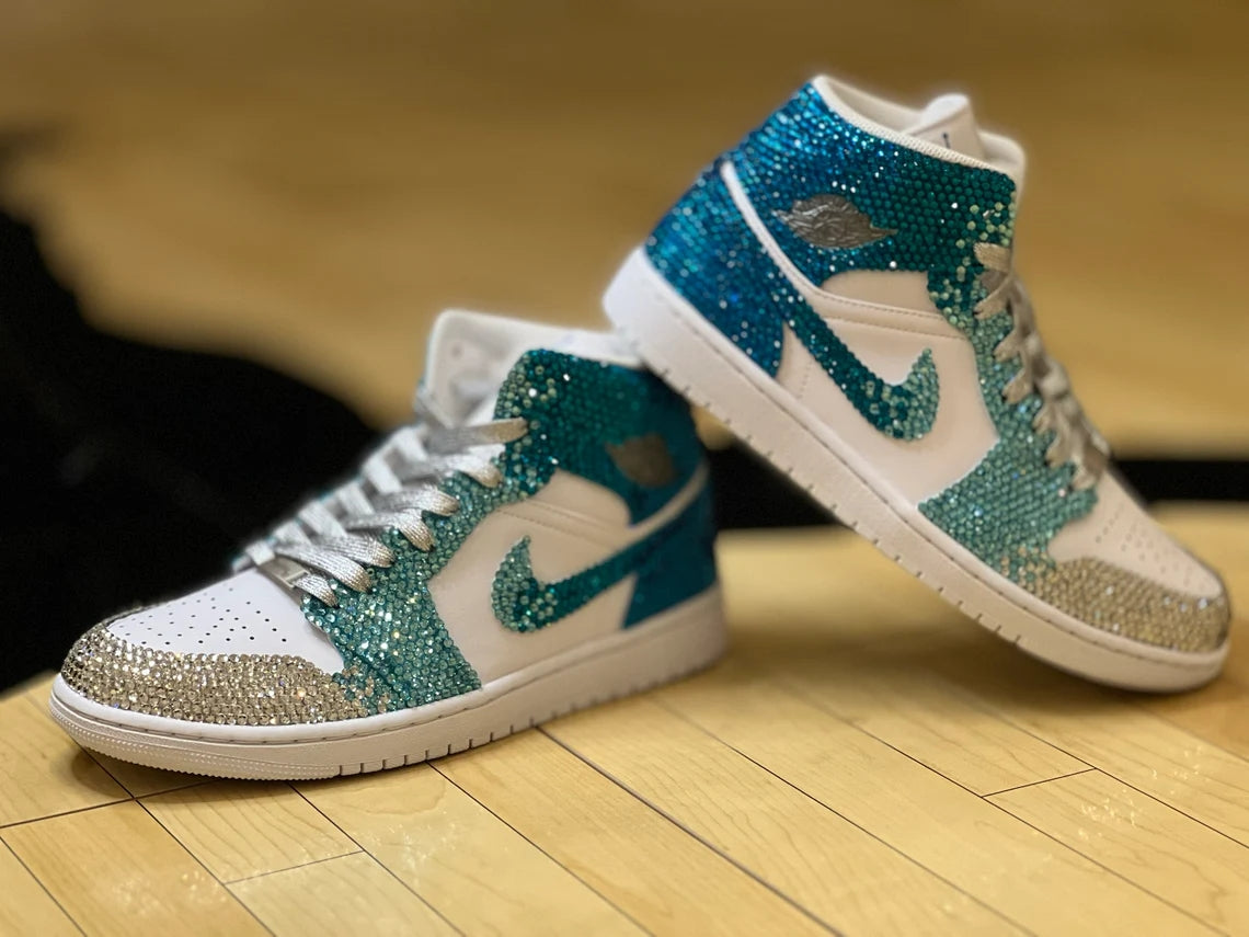 Custom Air Jordan 1 White Teal With Rhinestones-shecustomize