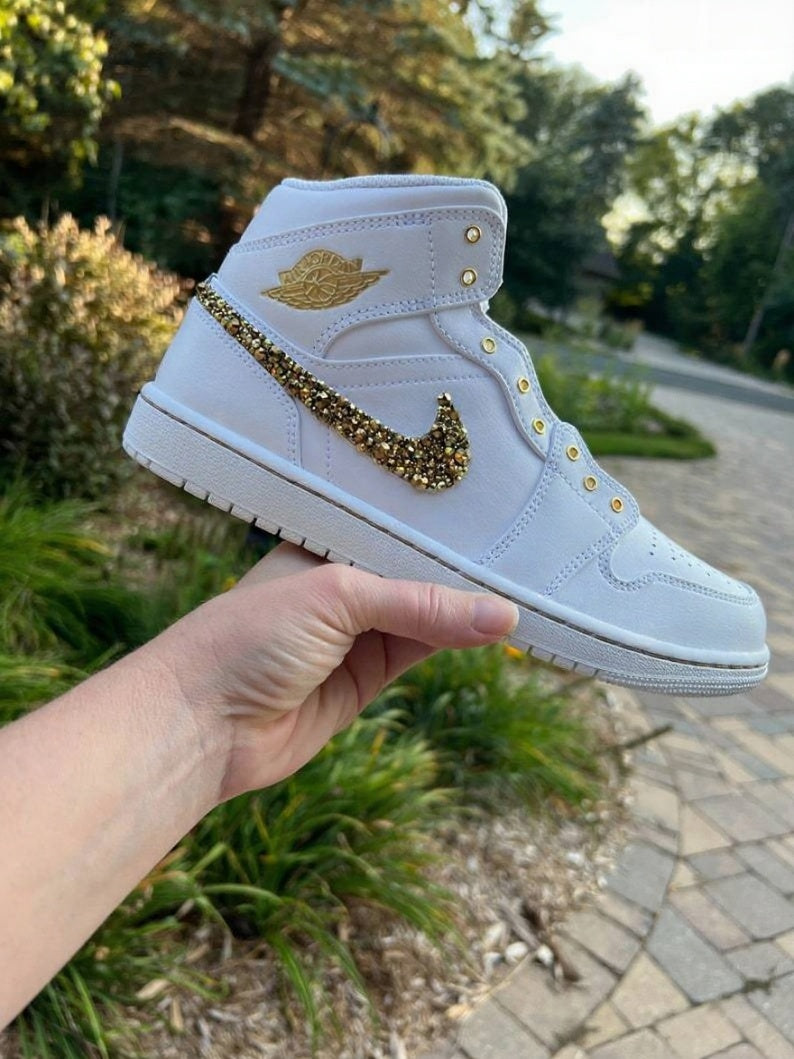 Custom Air Jordan 1 White With Gold Glitter And Ribbon