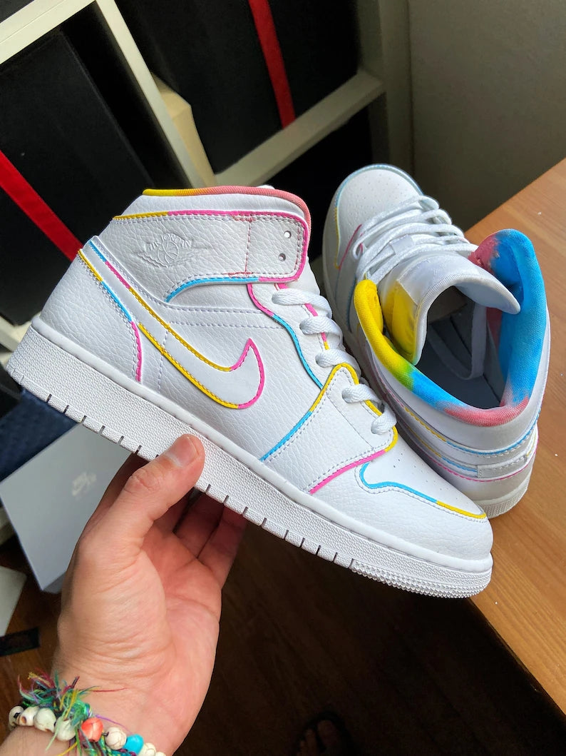 Custom Air Jordan 1 White With Multicolor Outline