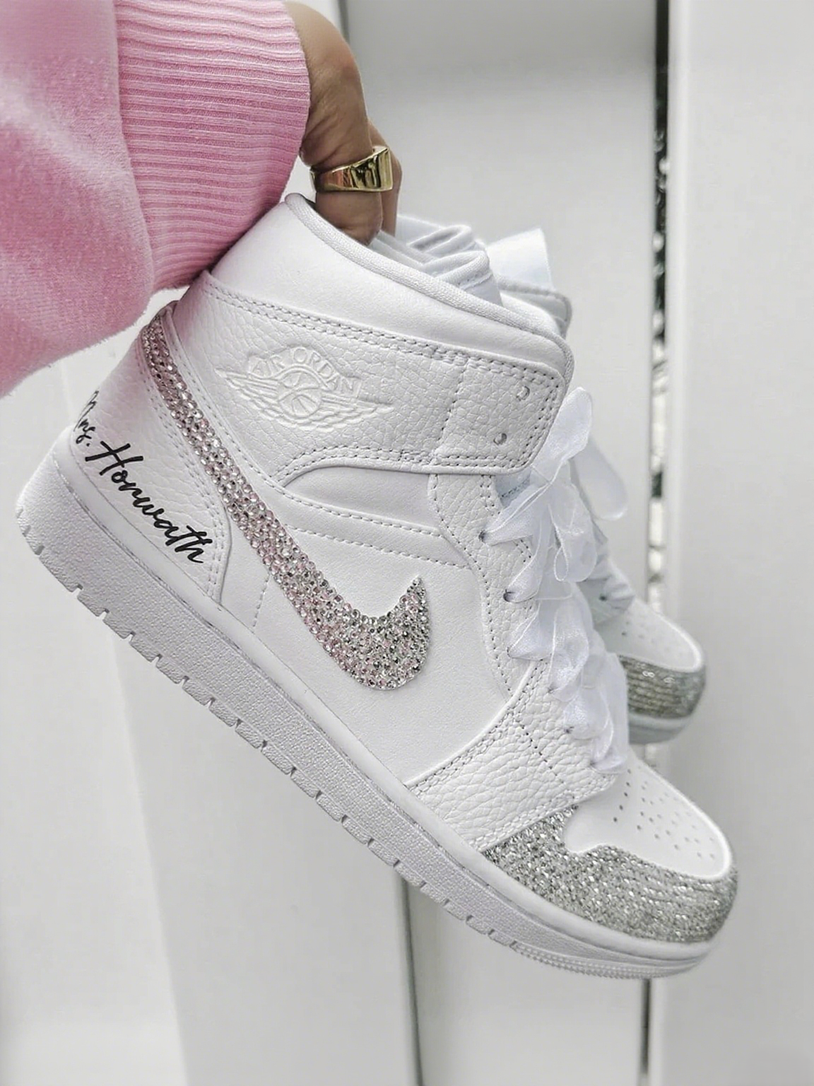 Custom Air Jordan 1 White With Sliver Rhinestones