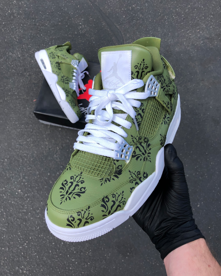 Custom Air Jordan 4 Olive Green Floral Pattern