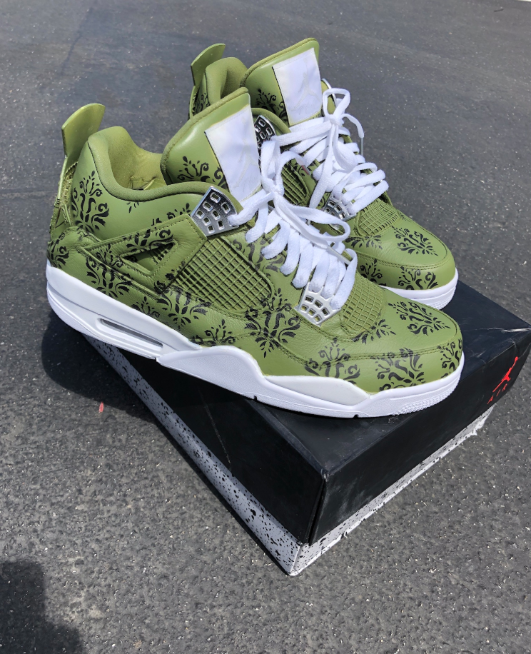Custom Air Jordan 4 Olive Green Floral Pattern