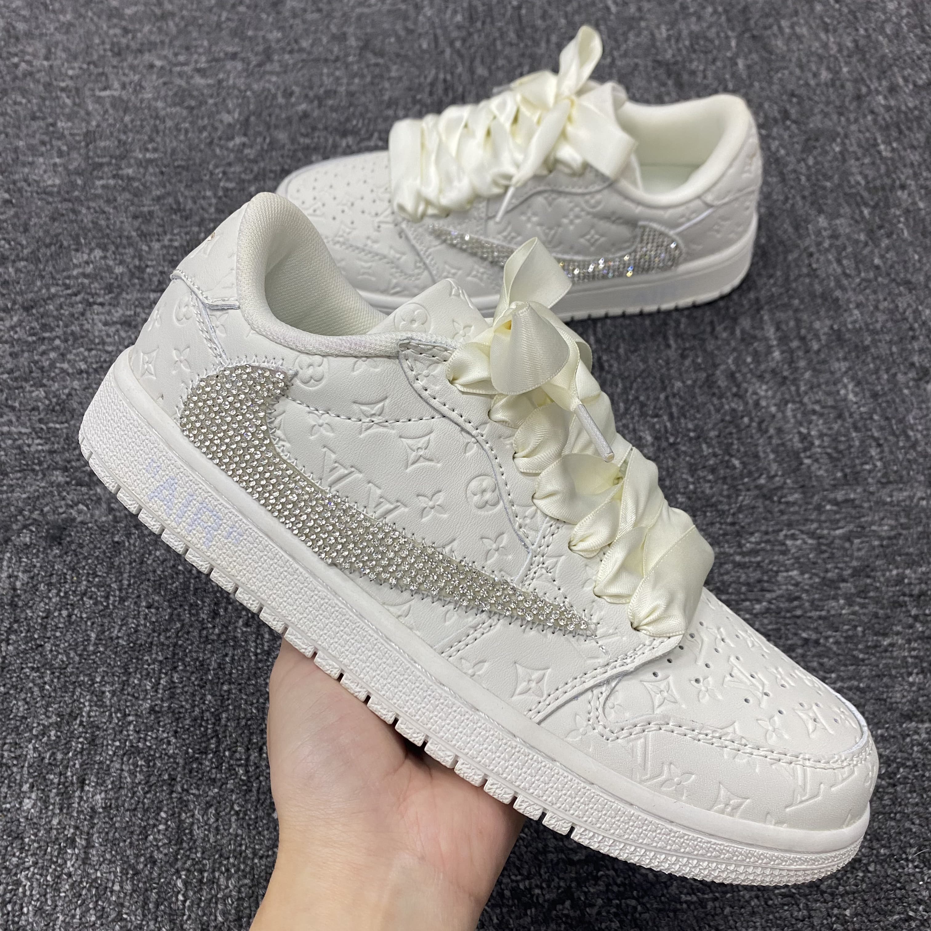 Custom Air Jordans X Travis Scott White LV With Rhinestones