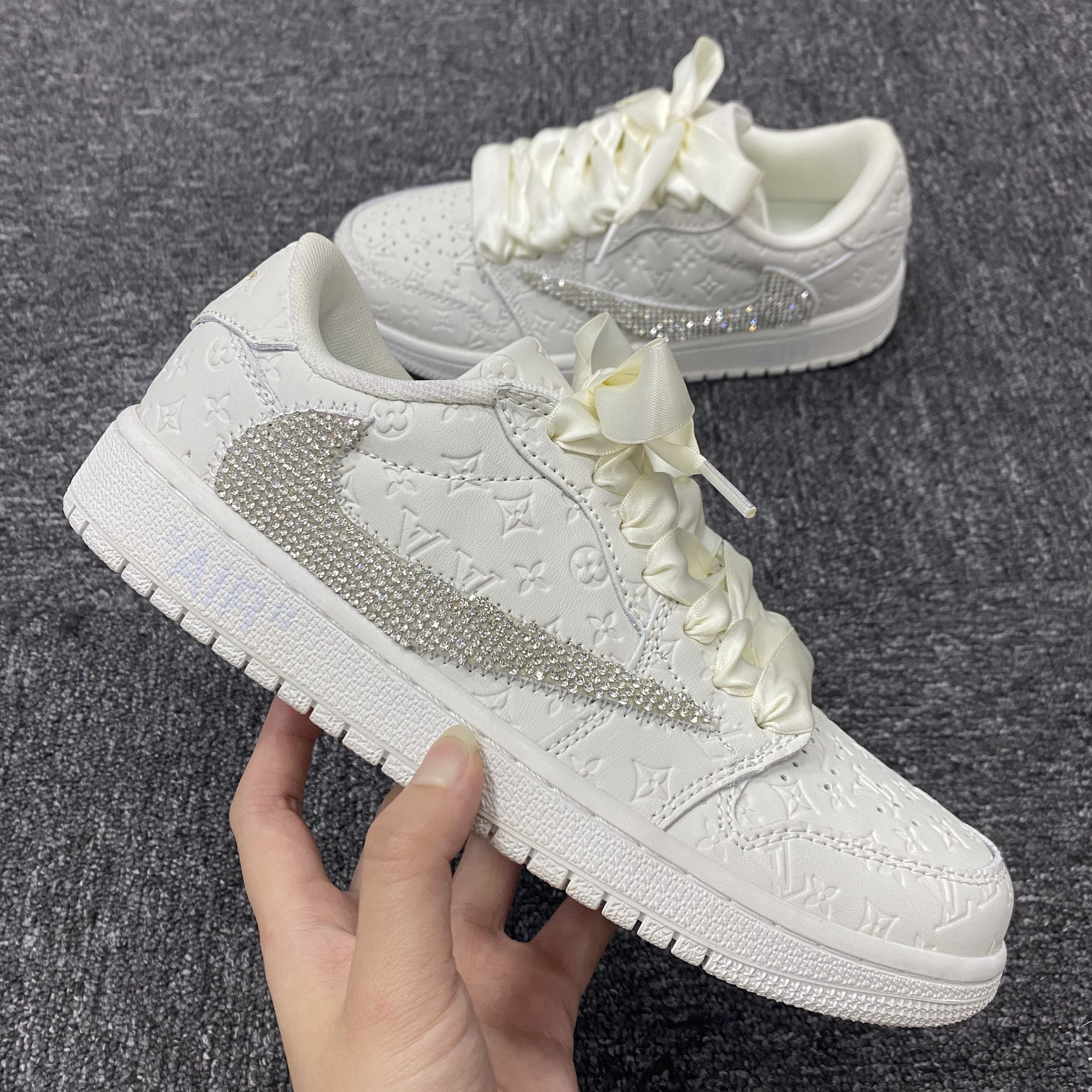 Custom Air Jordans X Travis Scott White LV With Rhinestones
