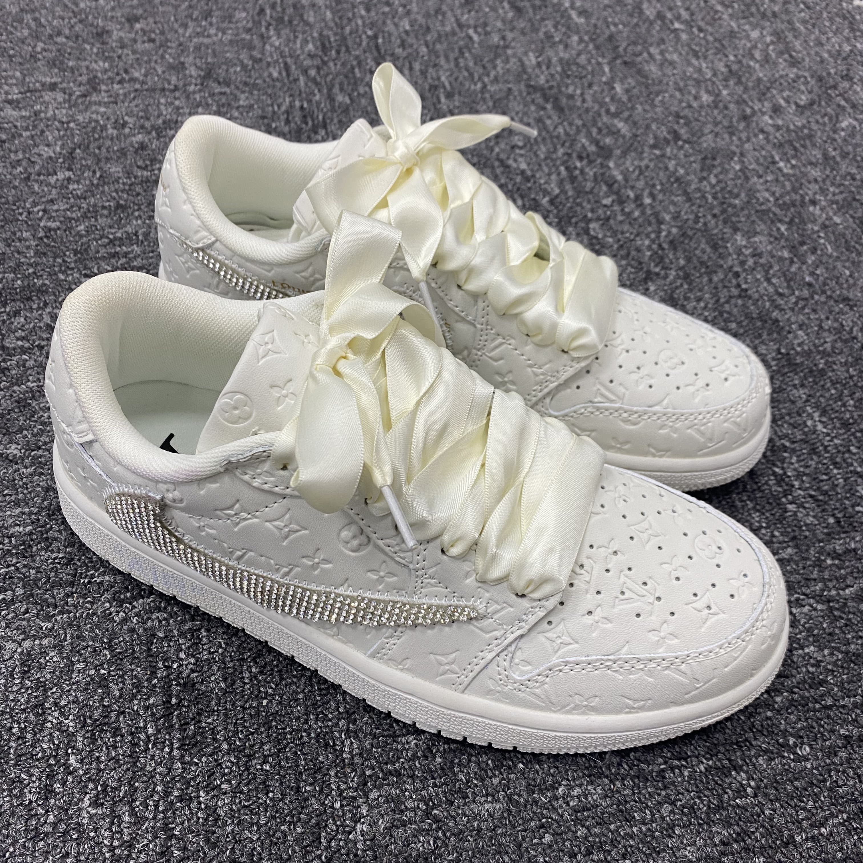 Custom Air Jordans X Travis Scott White LV With Rhinestones