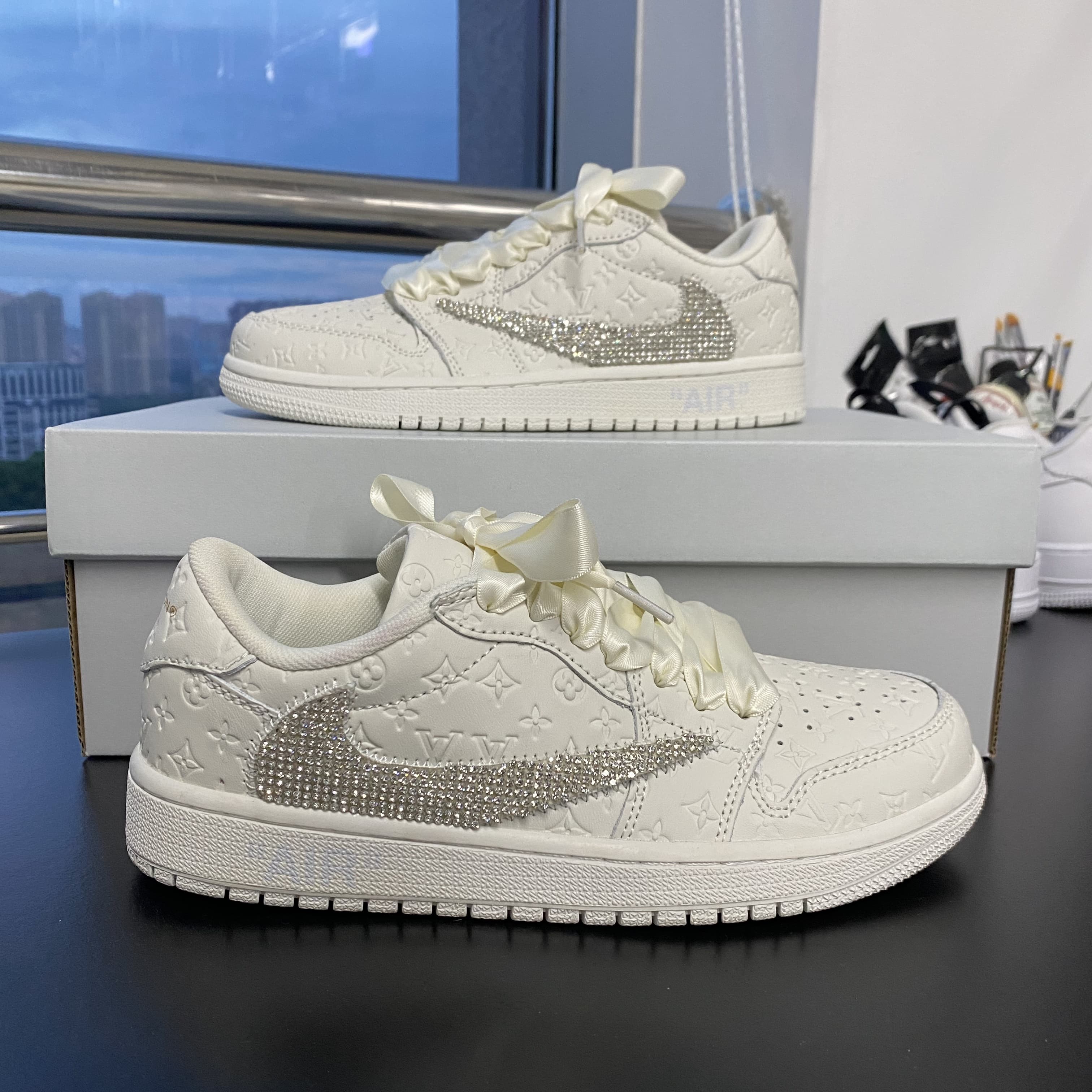Custom Air Jordans X Travis Scott White LV With Rhinestones