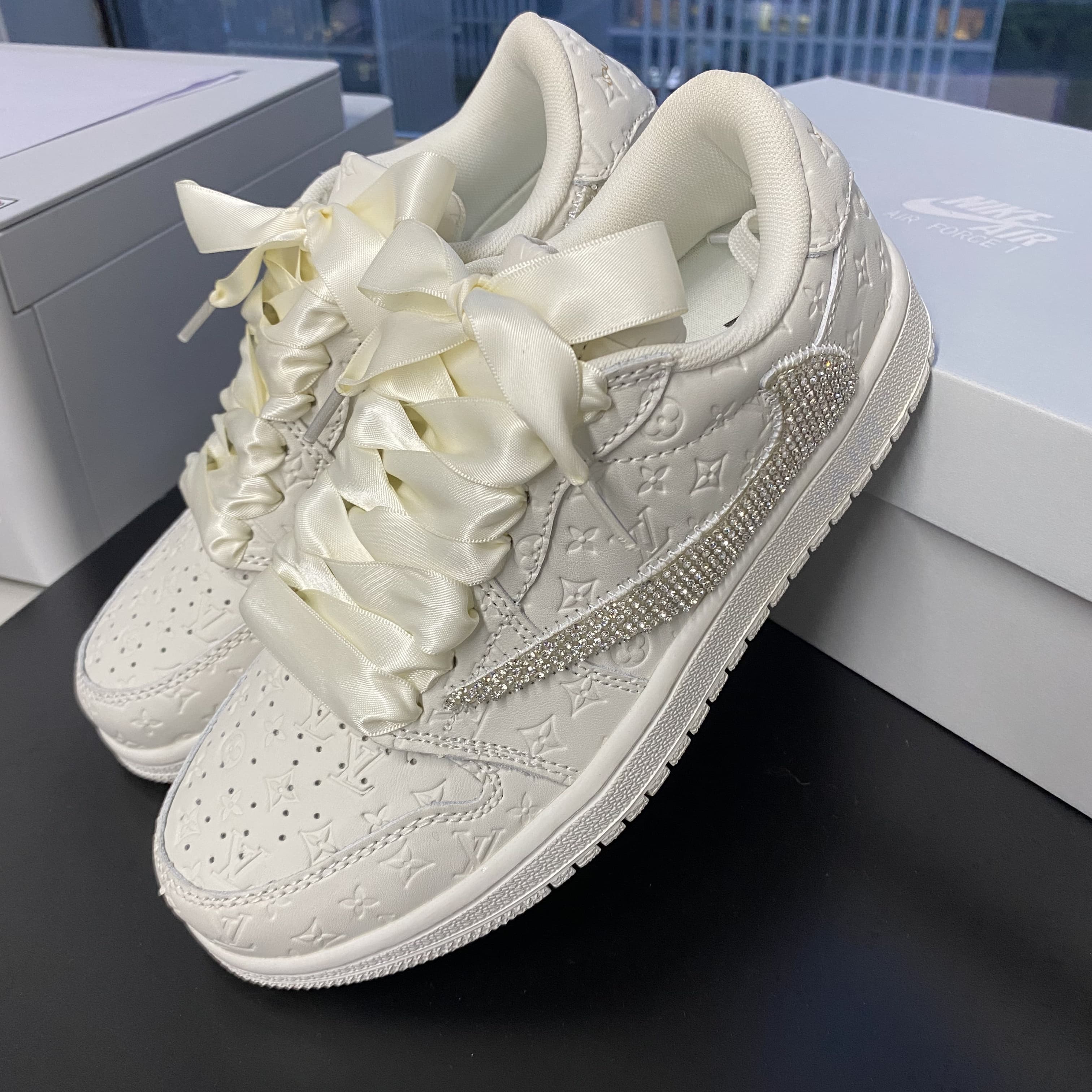 Custom Air Jordans X Travis Scott White LV With Rhinestones
