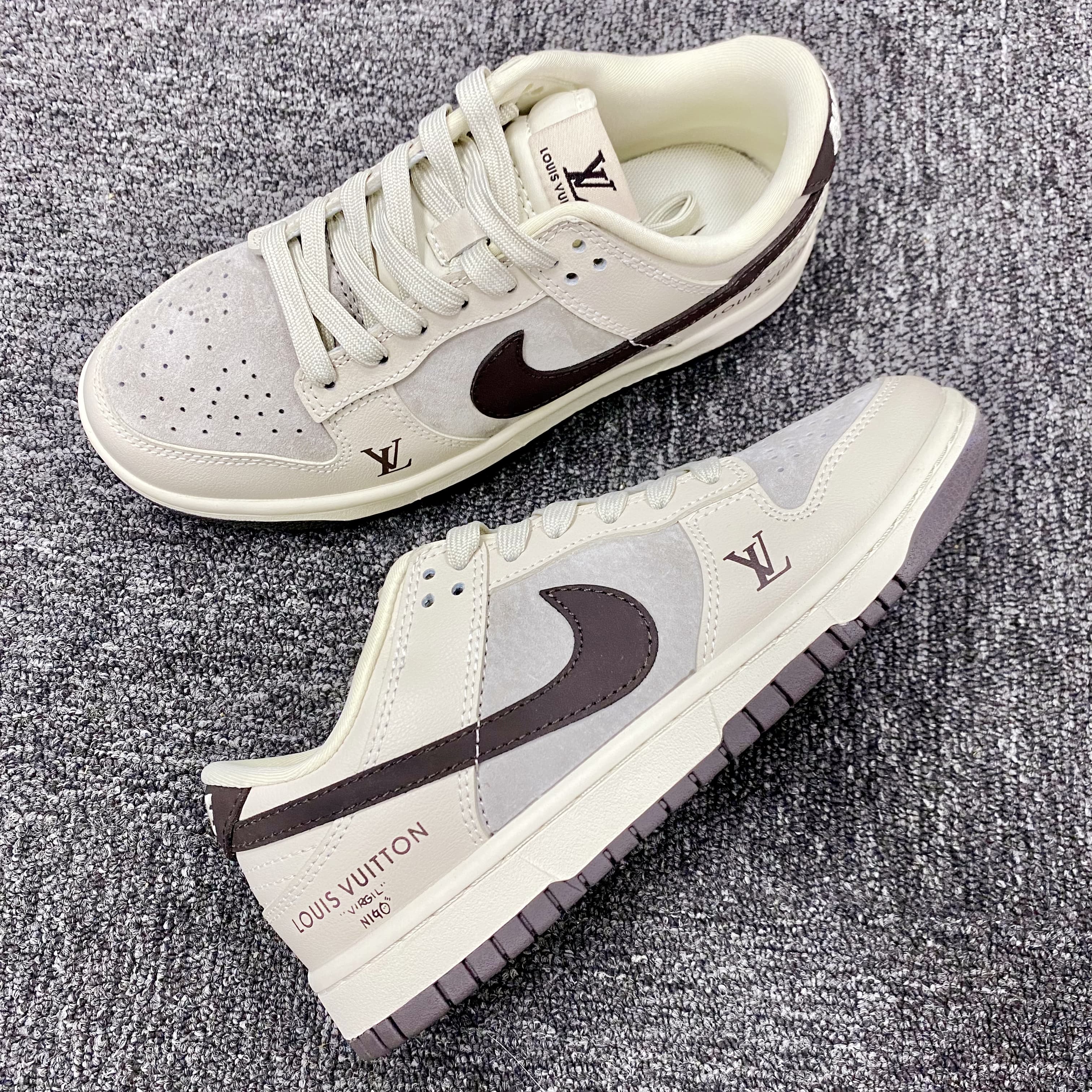 Custom Dunk Off - White Khaki With LV Logo