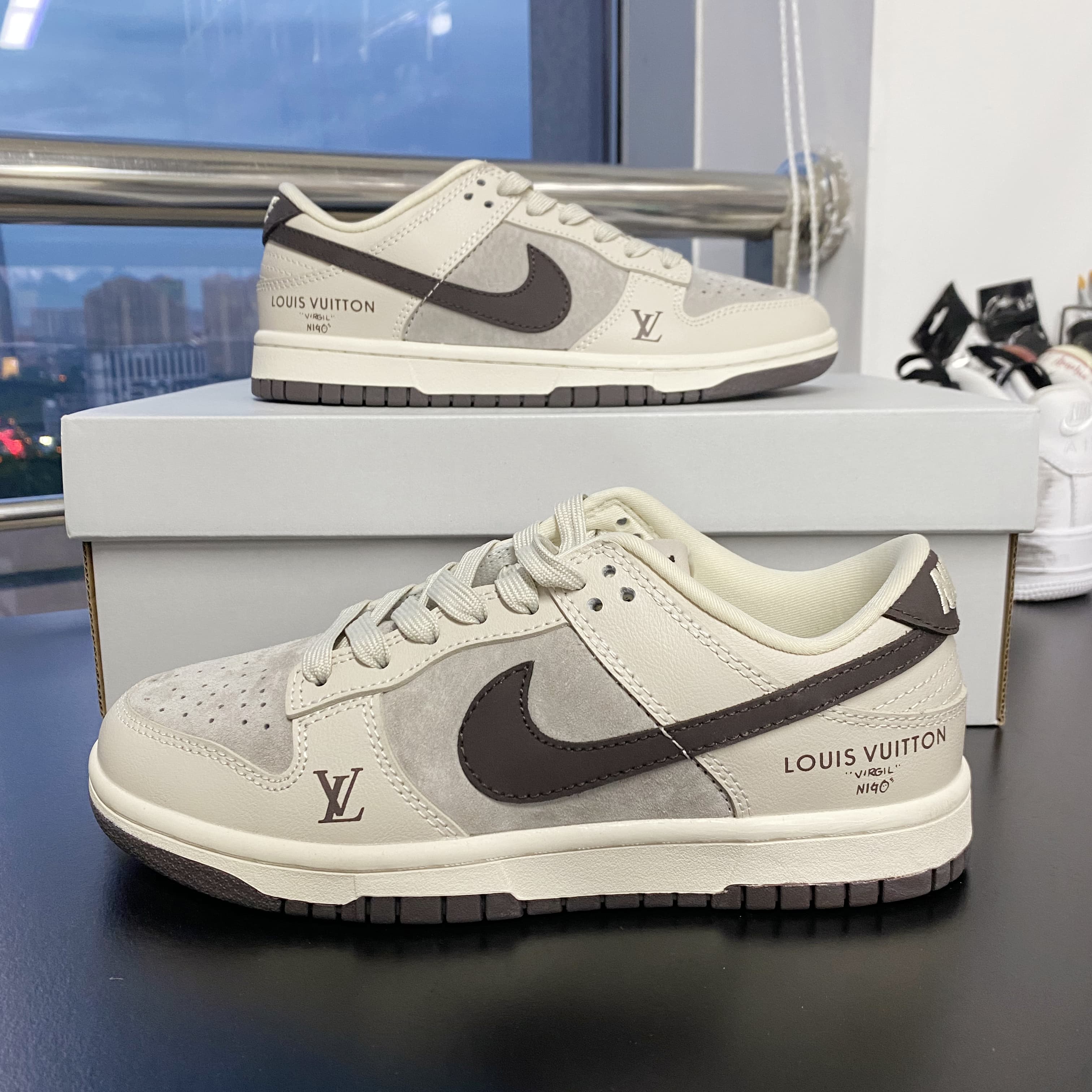 Custom Dunk Off - White Khaki With LV Logo