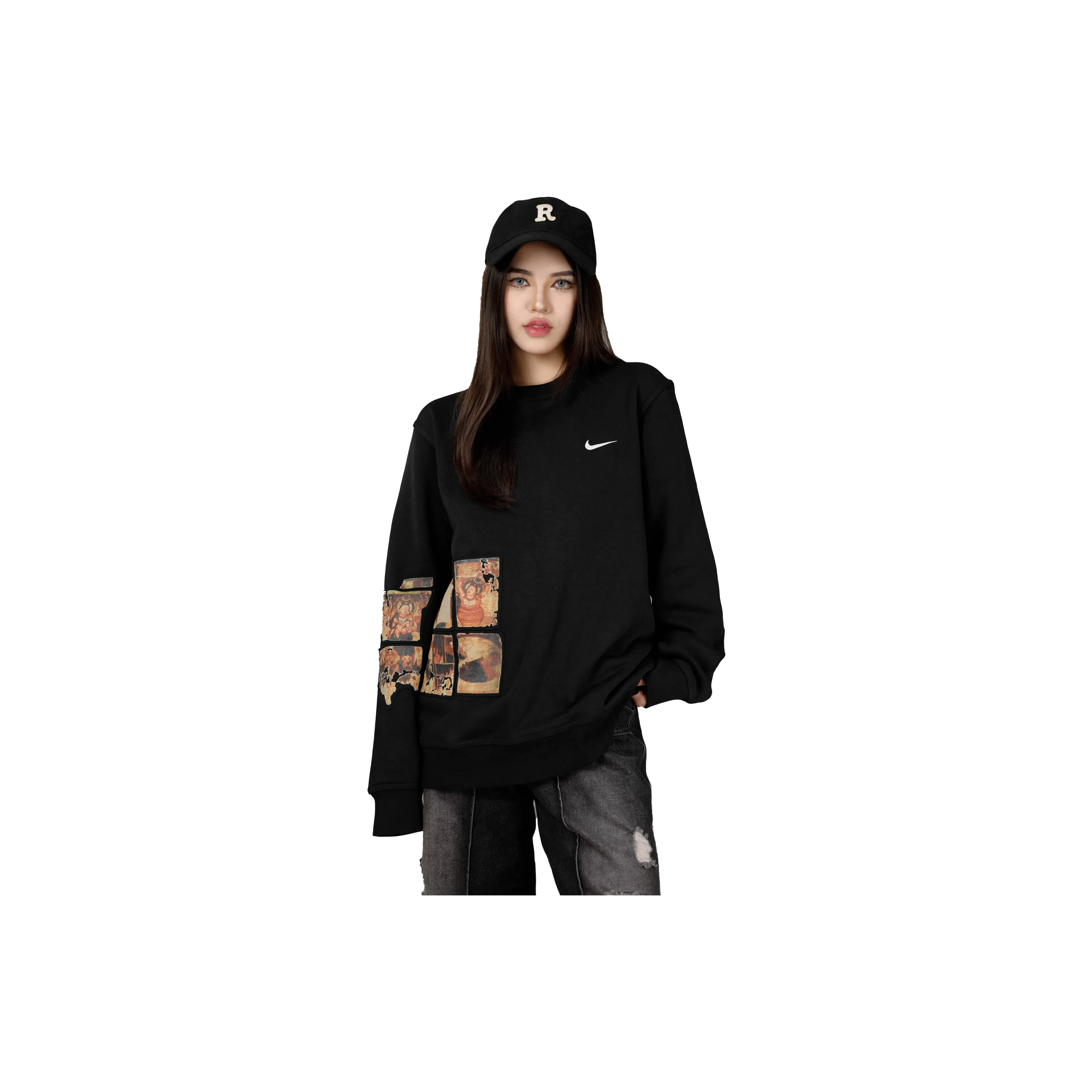 Custom Nike Sweatshirt Black With Mosaic - like Pattern