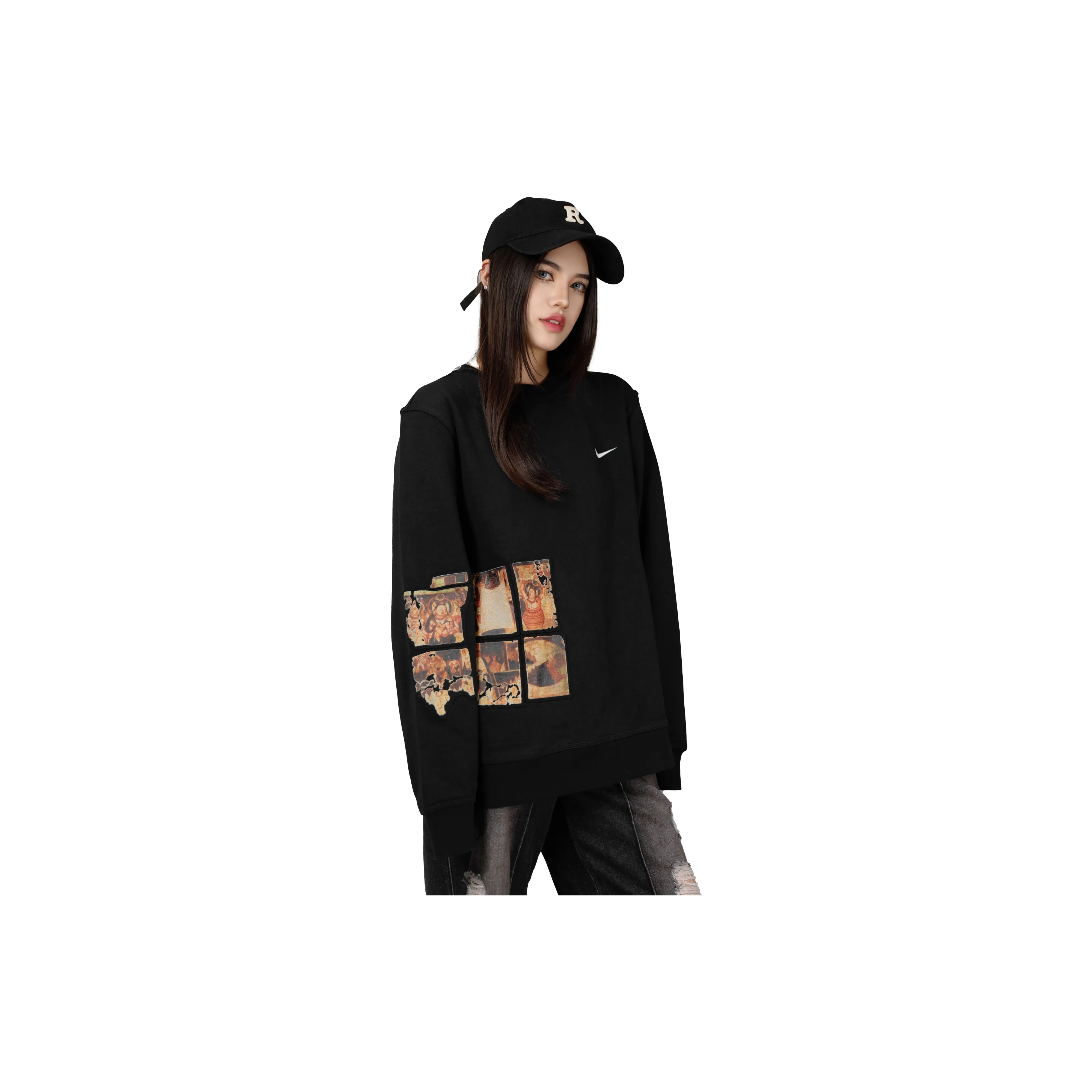 Custom Nike Sweatshirt Black With Mosaic - like Pattern