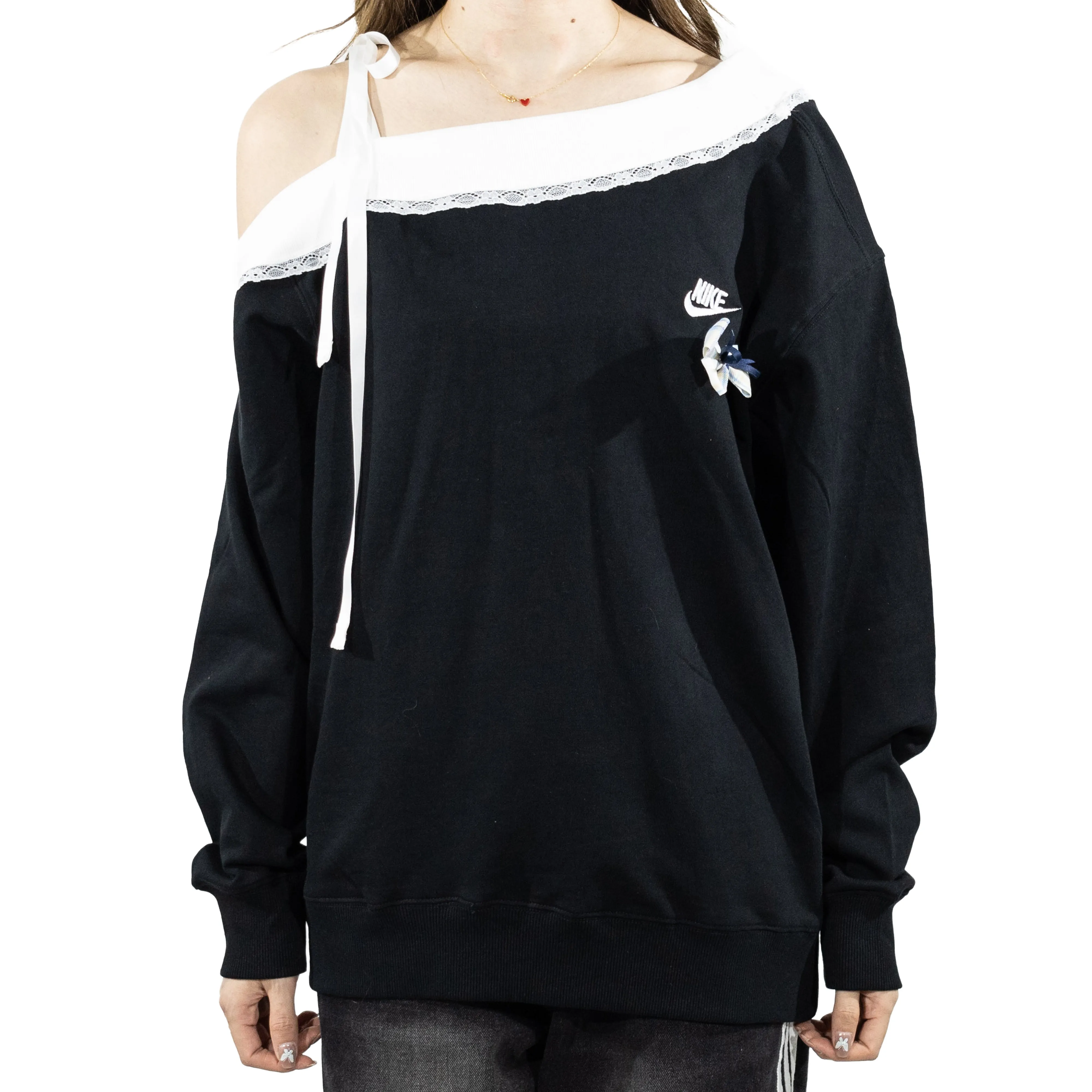 Custom Nike Sweatshirt Off Shoulder Black White Lace Bow