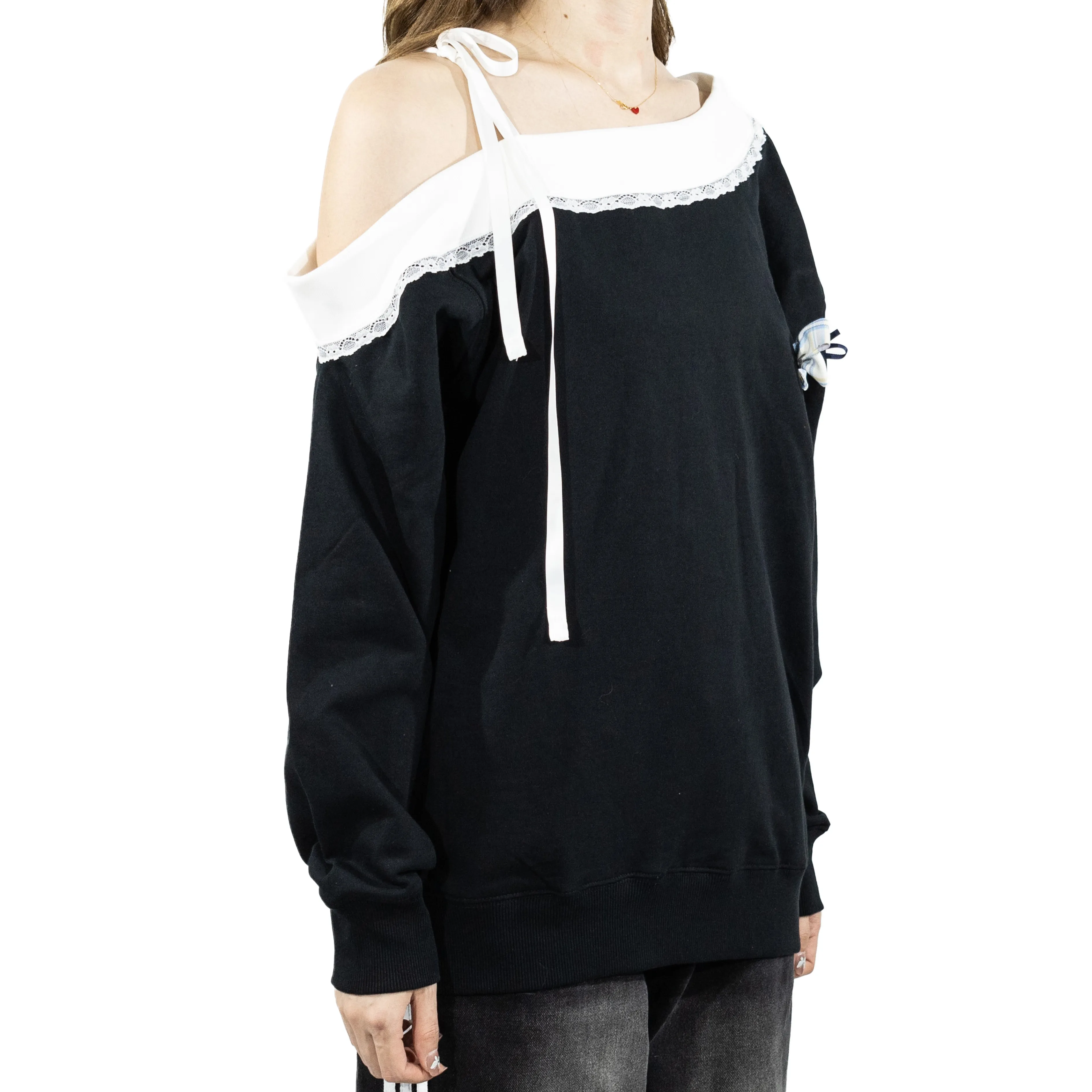 Custom Nike Sweatshirt Off Shoulder Black White Lace Bow
