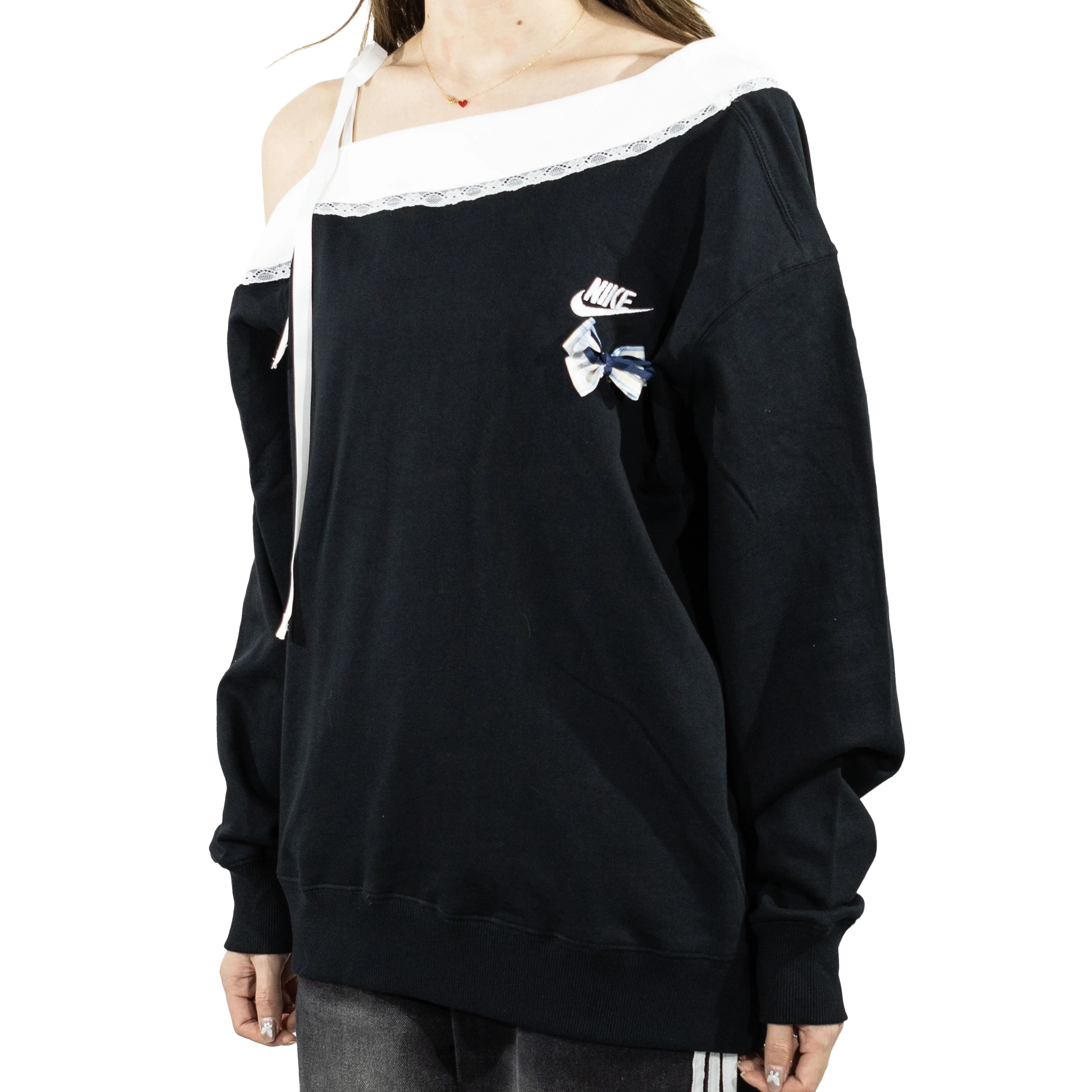 Custom Nike Sweatshirt Off Shoulder Black White Lace Bow