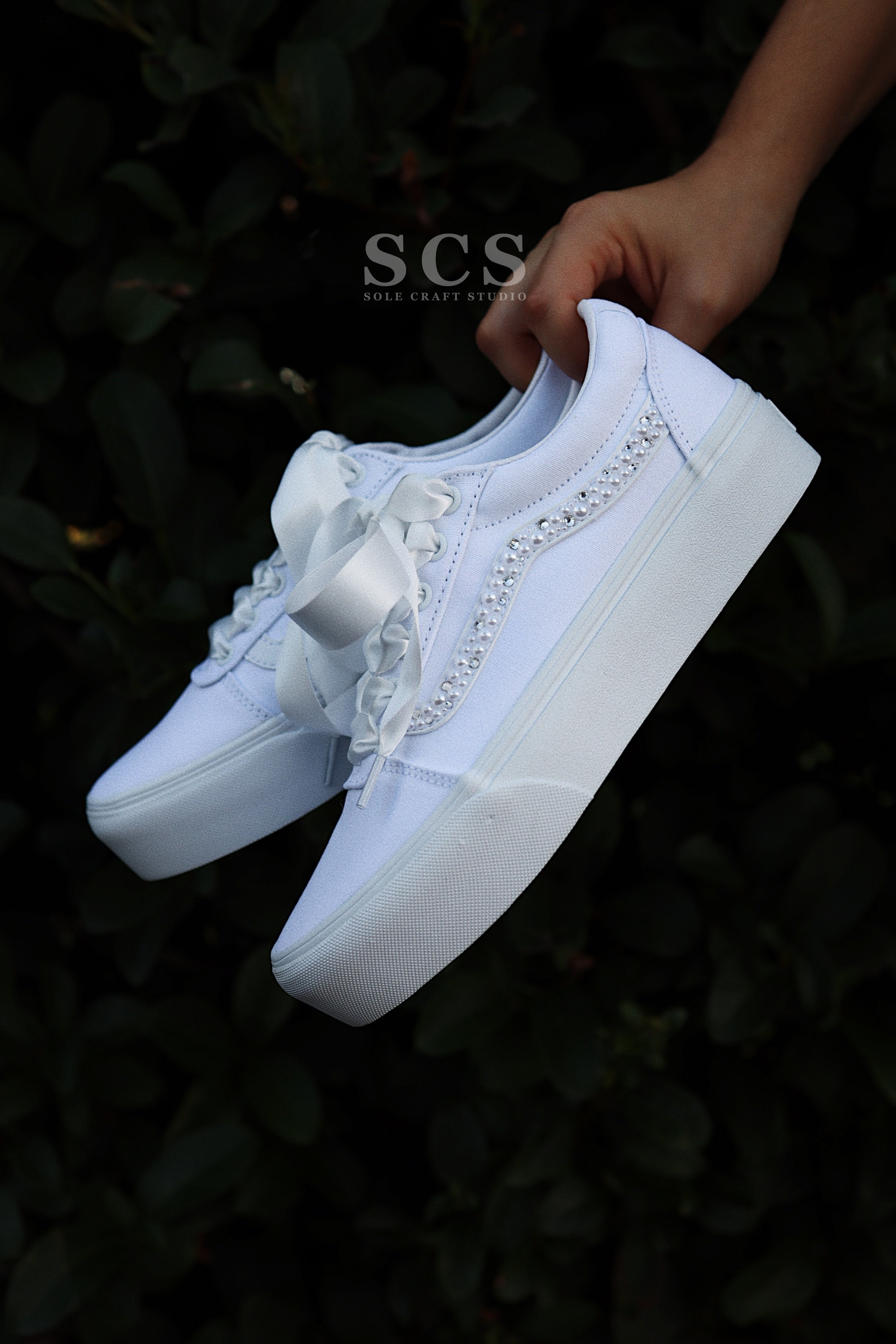 Custom Vans White With Ribbons And Rhinestones-shecustomize