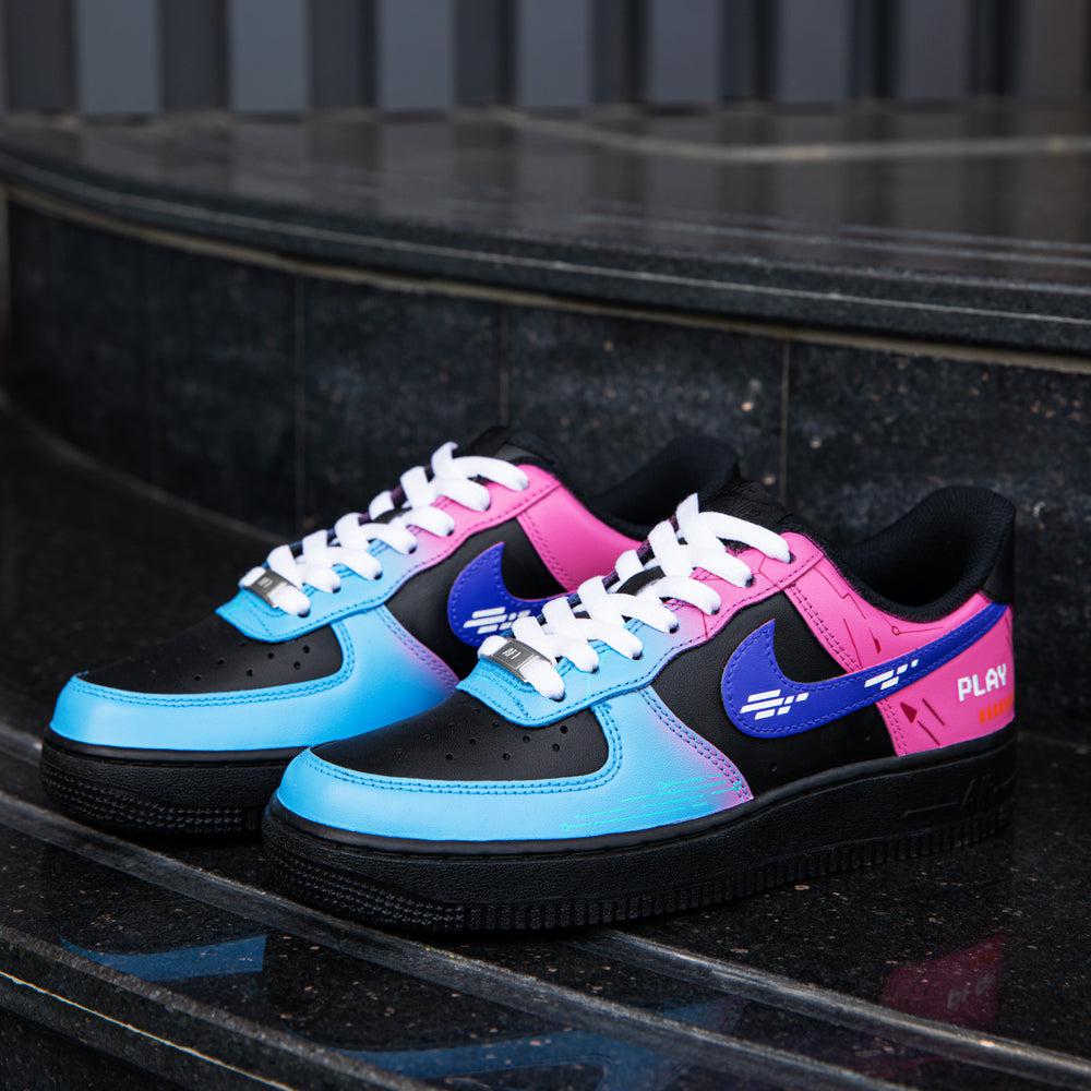 Cyberpunk Pink Blue Black Air Force 1s Custom Shoes Sneakers