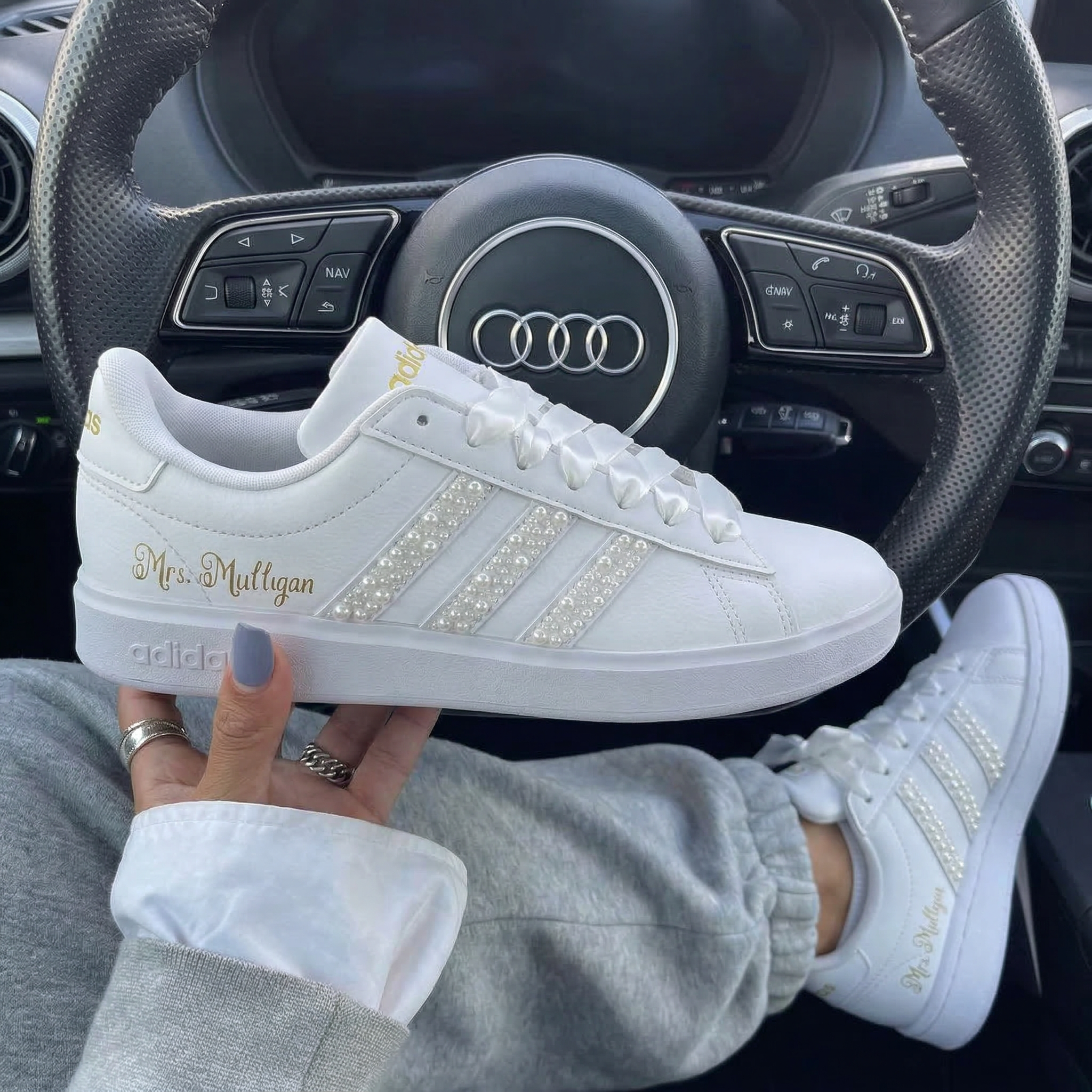 Gold Pearl Embellished Personalized Weeding Custom Adidas-shecustomize