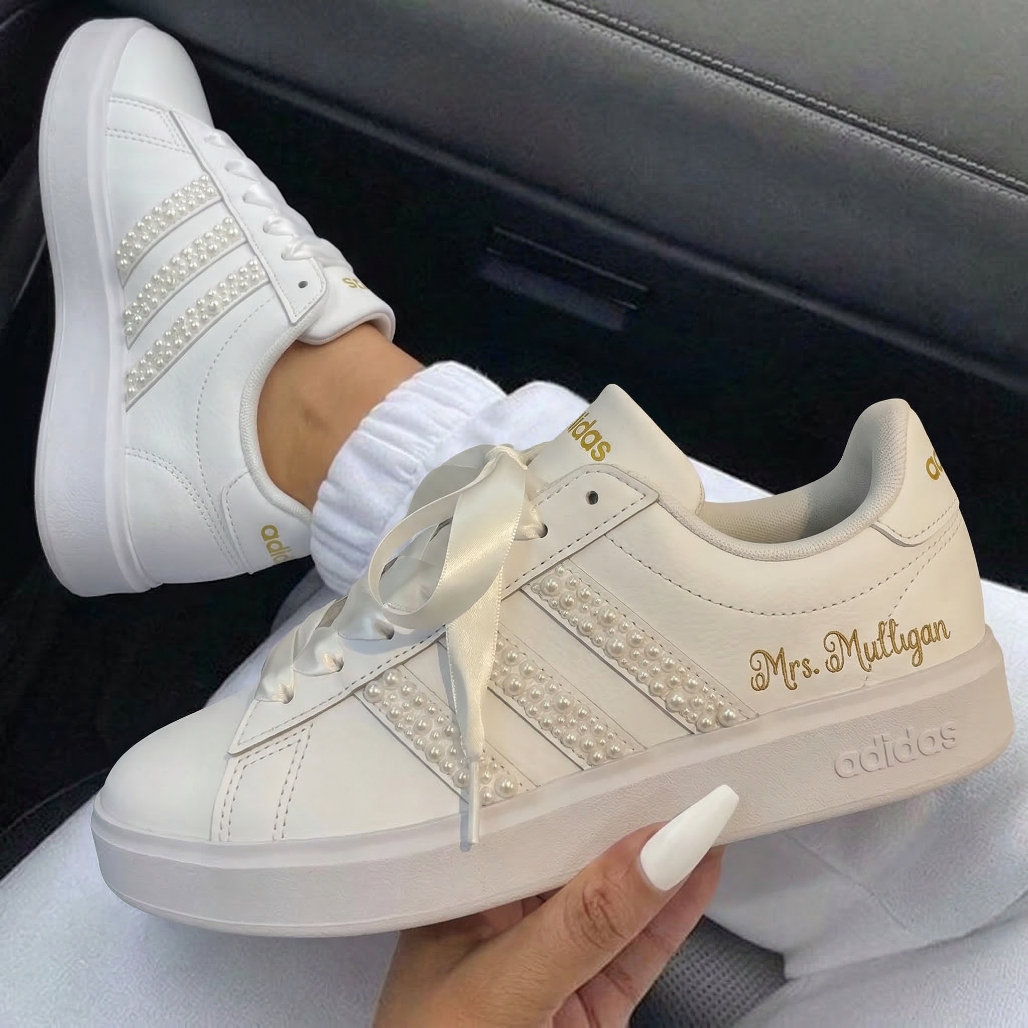 Gold Pearl Embellished Personalized Weeding Custom Adidas-shecustomize