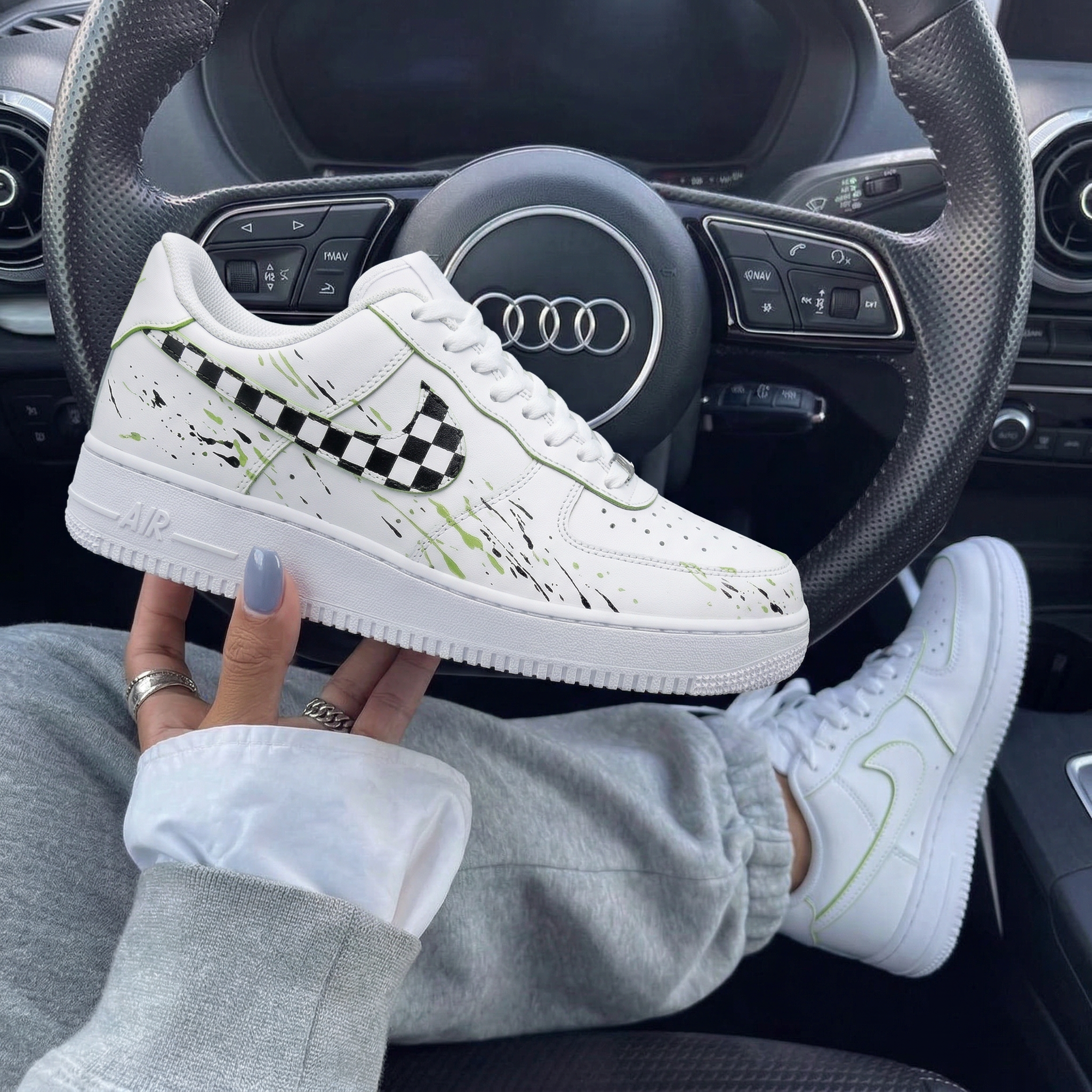 Green Black Checkerboard Swoosh Splatter Custom Air Force 1-shecustomize