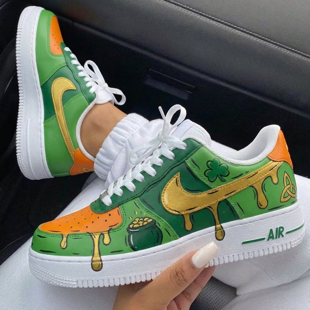 Green Orange Clovers Gold Drip Leprechaun Custom Air Force 1-shecustomize