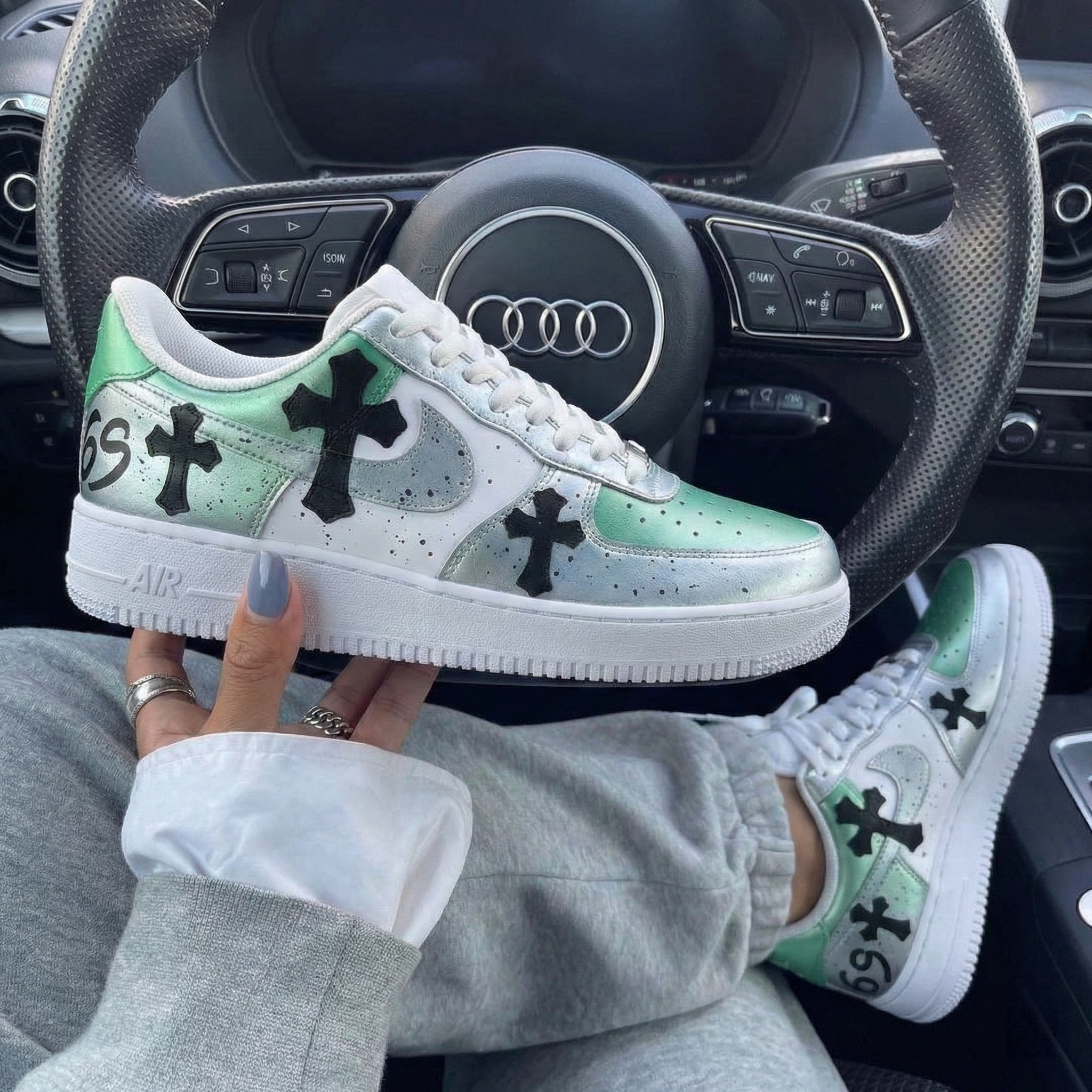 Green Silver With Black Crosses Custom Air Force 1-shecustomize