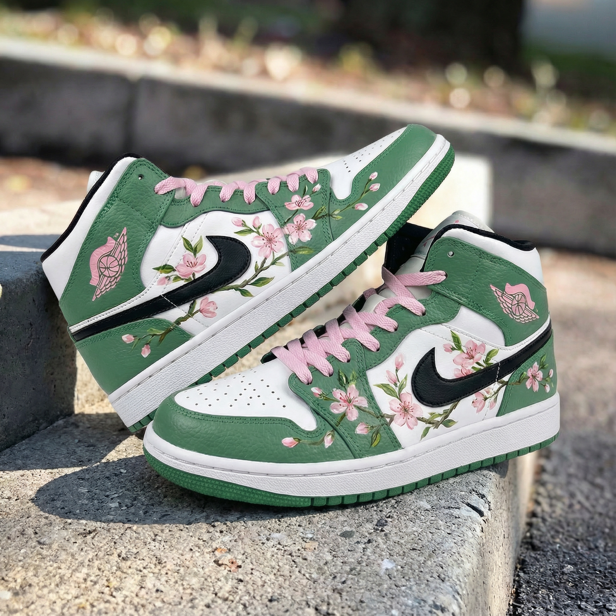 Green White Cherry Blossom Custom Air Jordan 1-shecustomize