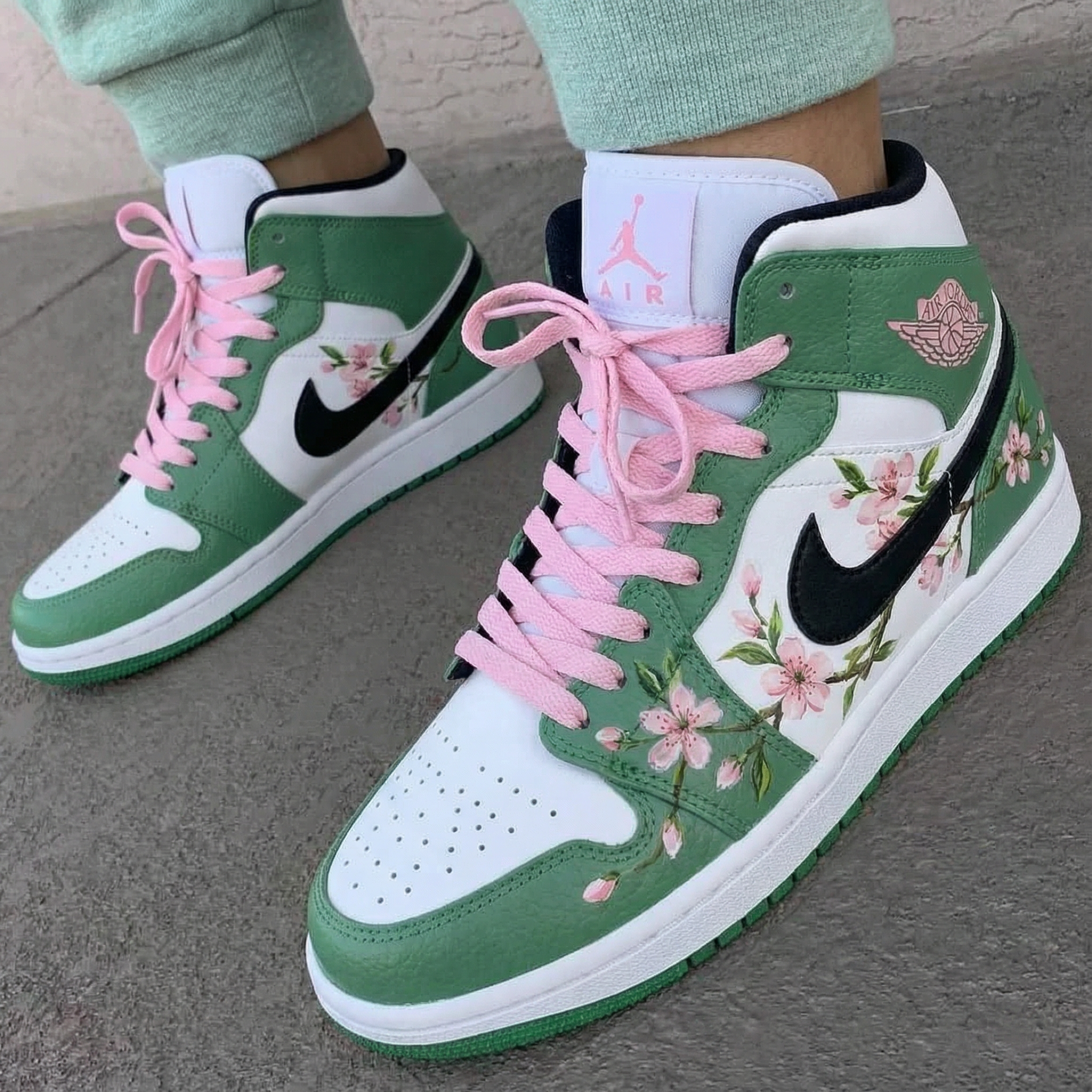Green White Cherry Blossom Custom Air Jordan 1-shecustomize