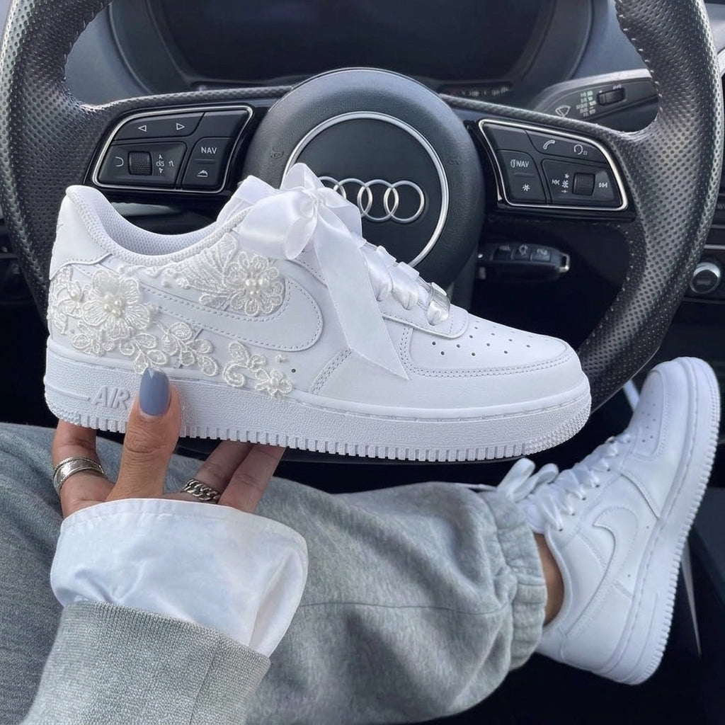 Lace Flowers Pearls Custom Air Force 1 Weeding Shoes-shecustomize
