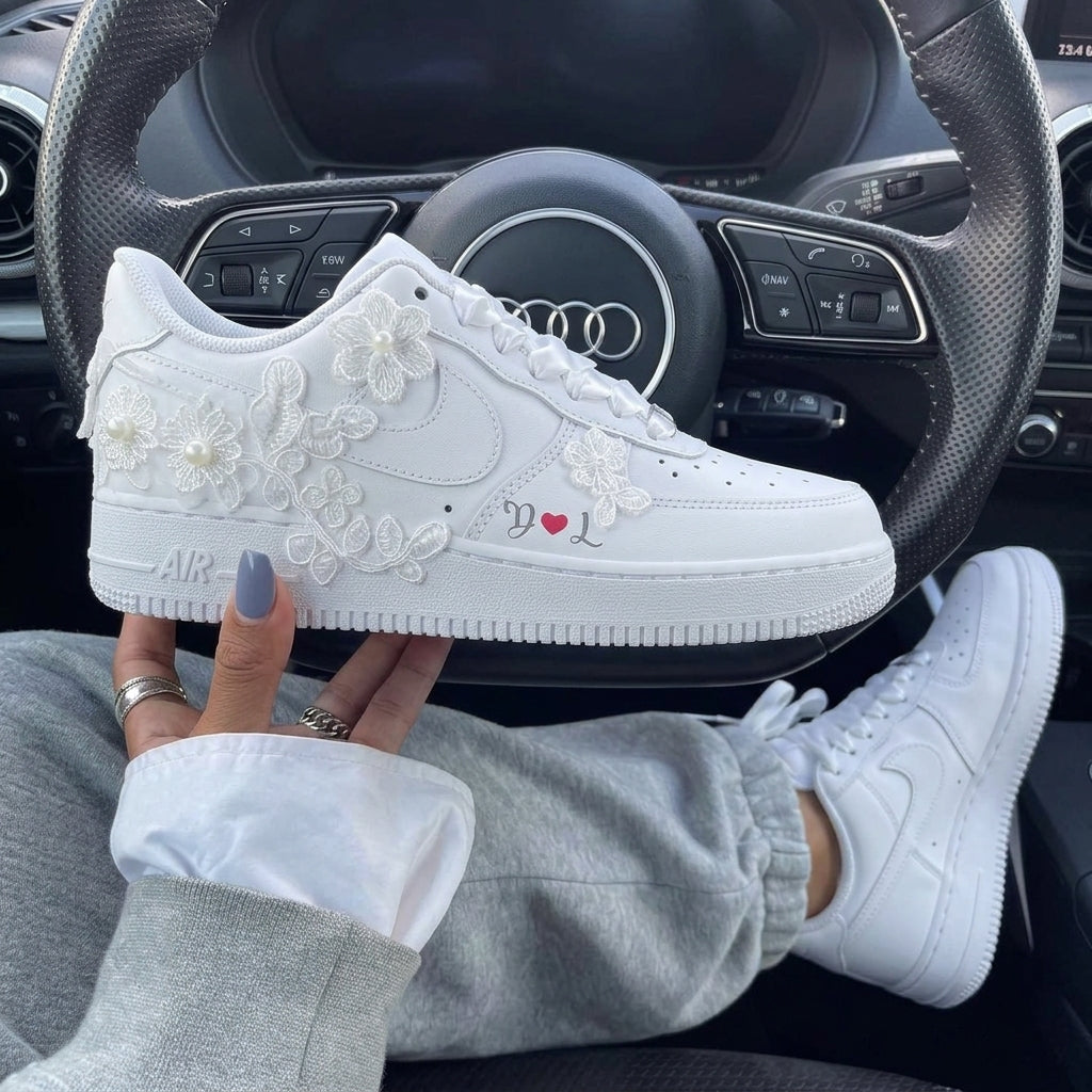 Lace Flowers Pearls Custom Air Force 1 Weeding Shoes