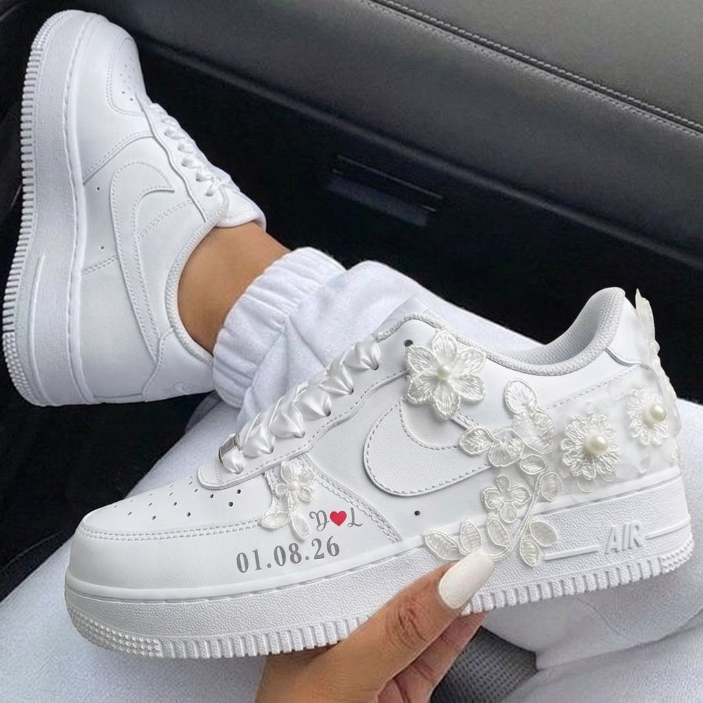 Lace Flowers Pearls Custom Air Force 1 Weeding Shoes