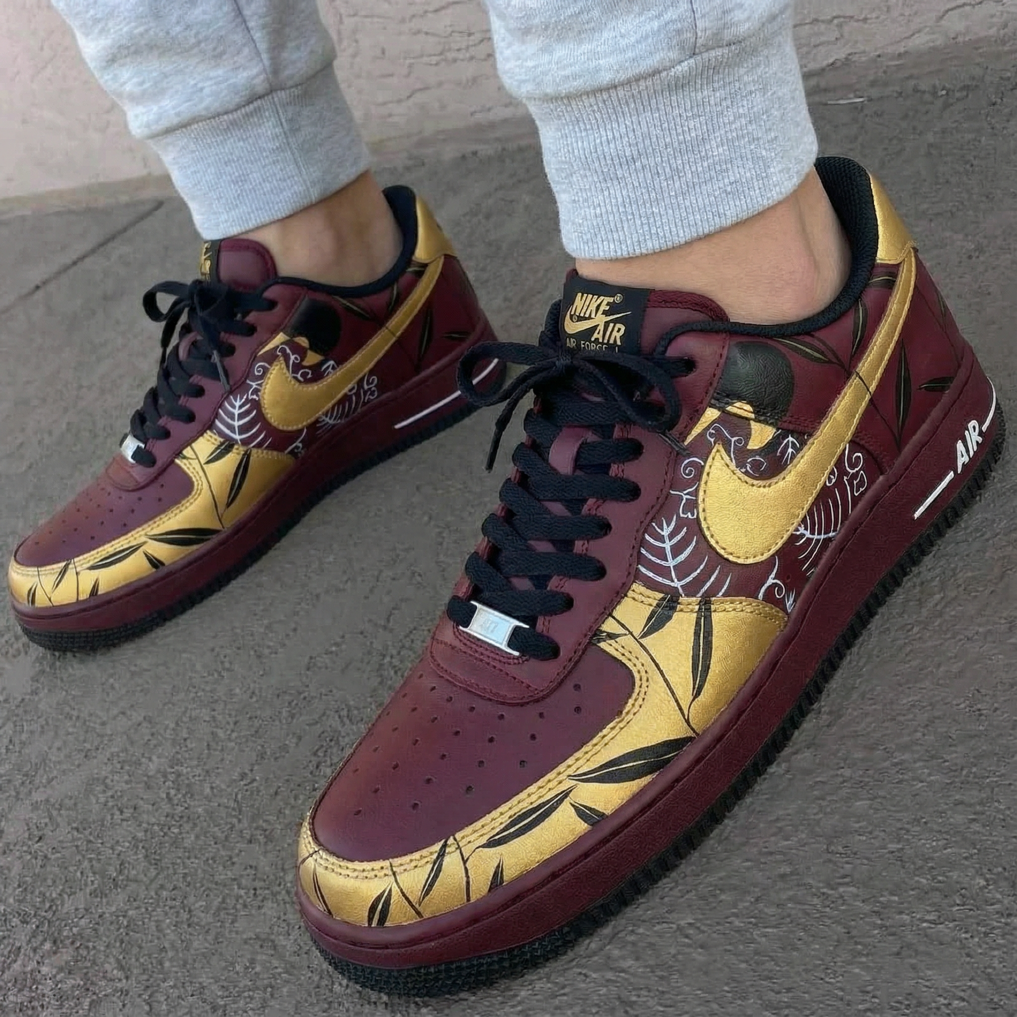 Maroon Gold Leaf Pattern Custom Air Force 1-shecustomize