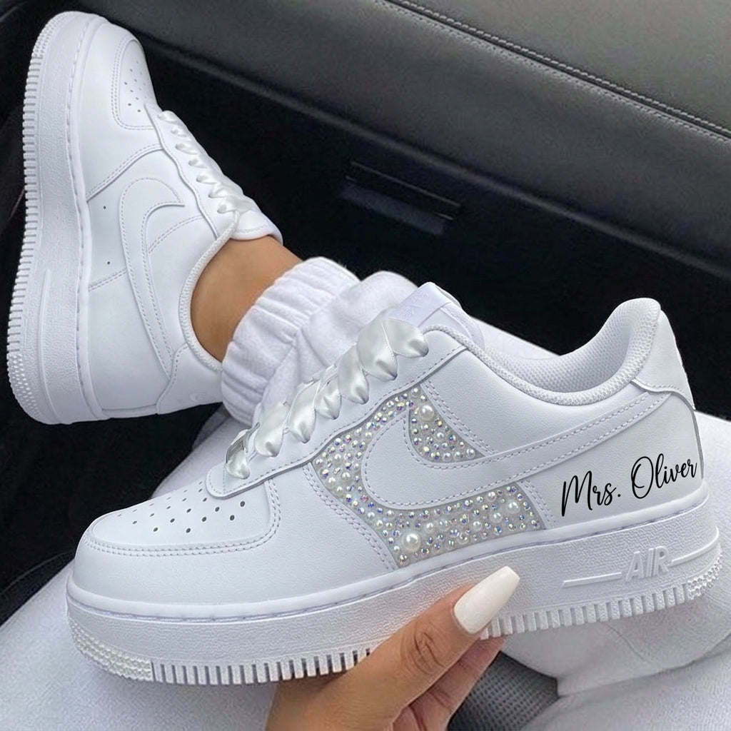 Pearl Crystal Script Custom Air Force 1 Weeding Shoes