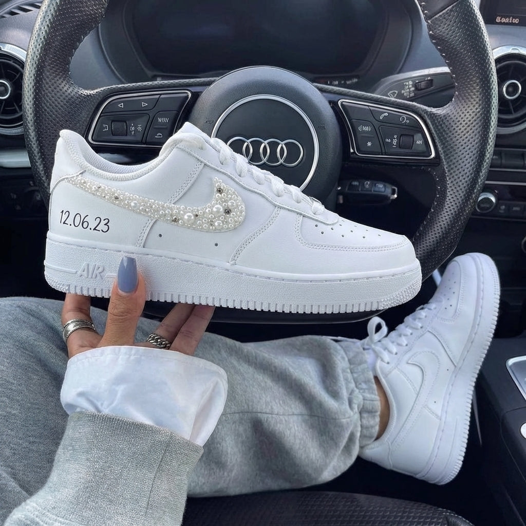 Pearl Embellished Weeding Date Custom Air Force 1-shecustomize