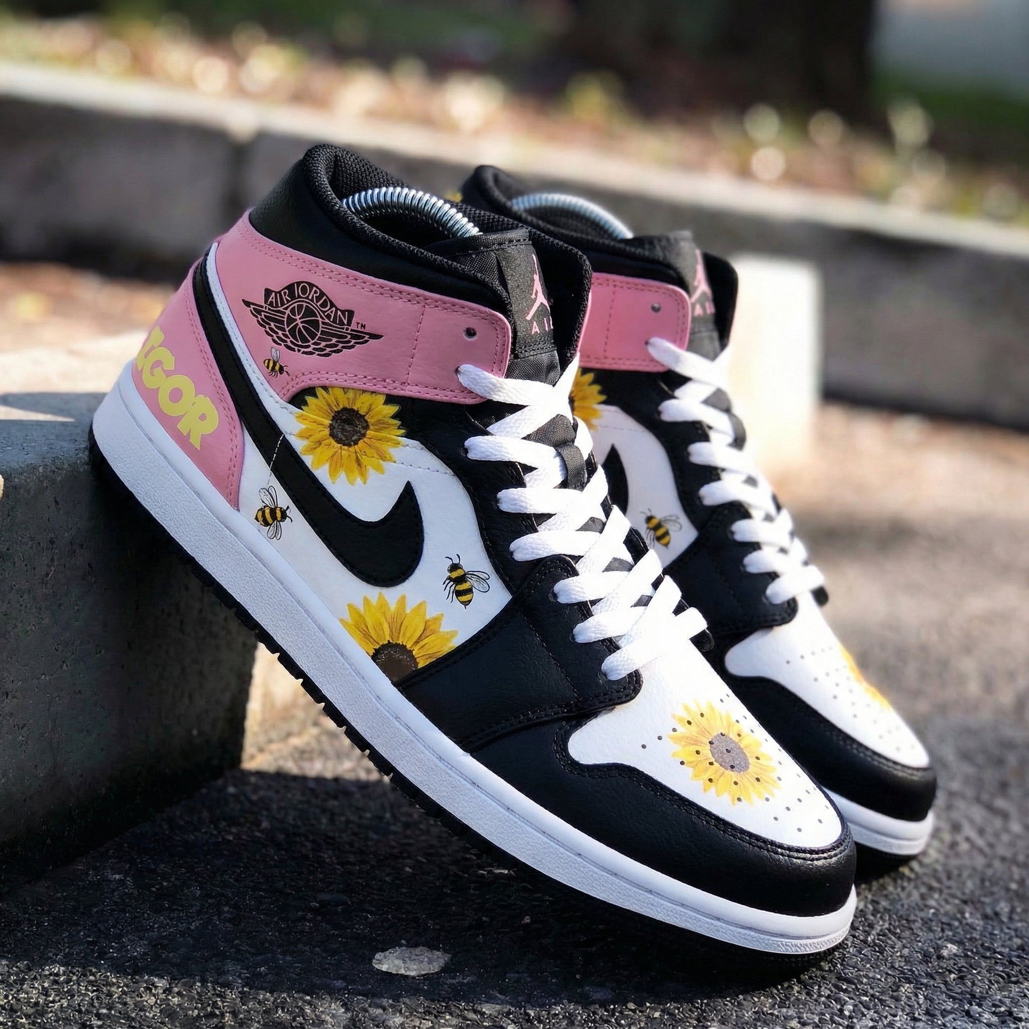 Pink Black and White Sunflower Bee Custom Air Jordan 1-shecustomize