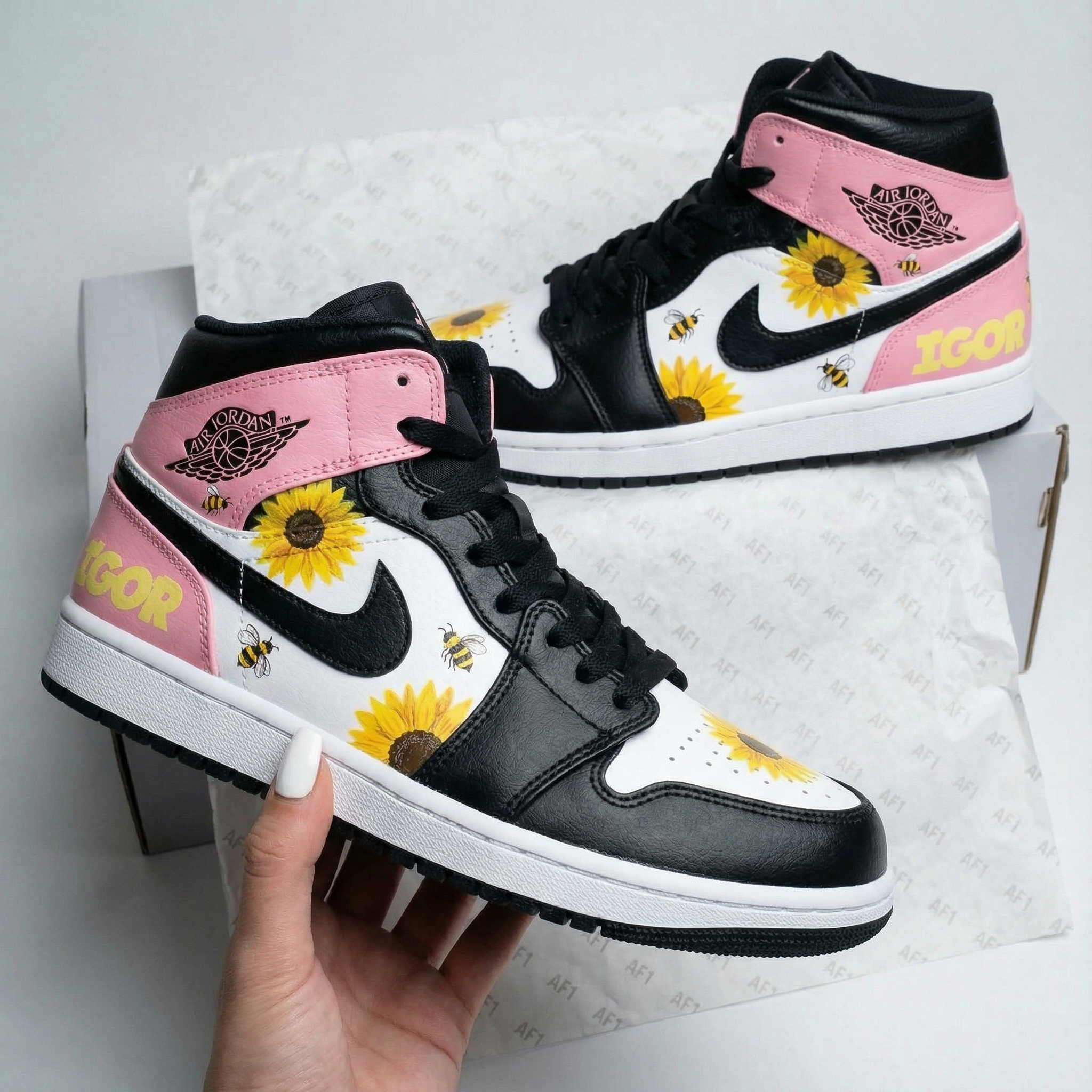 Pink Black and White Sunflower Bee Custom Air Jordan 1-shecustomize