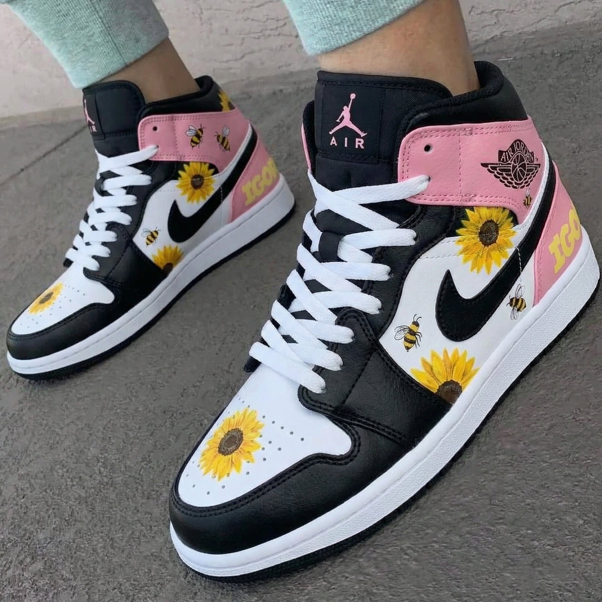 Pink Black and White Sunflower Bee Custom Air Jordan 1-shecustomize