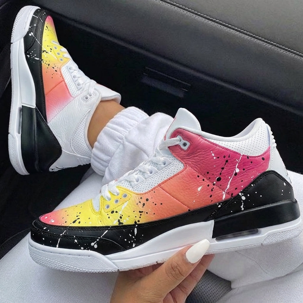 Pink Orange Yellow Black Gradient Paint Splatter Custom Air Jordan 3-shecustomize
