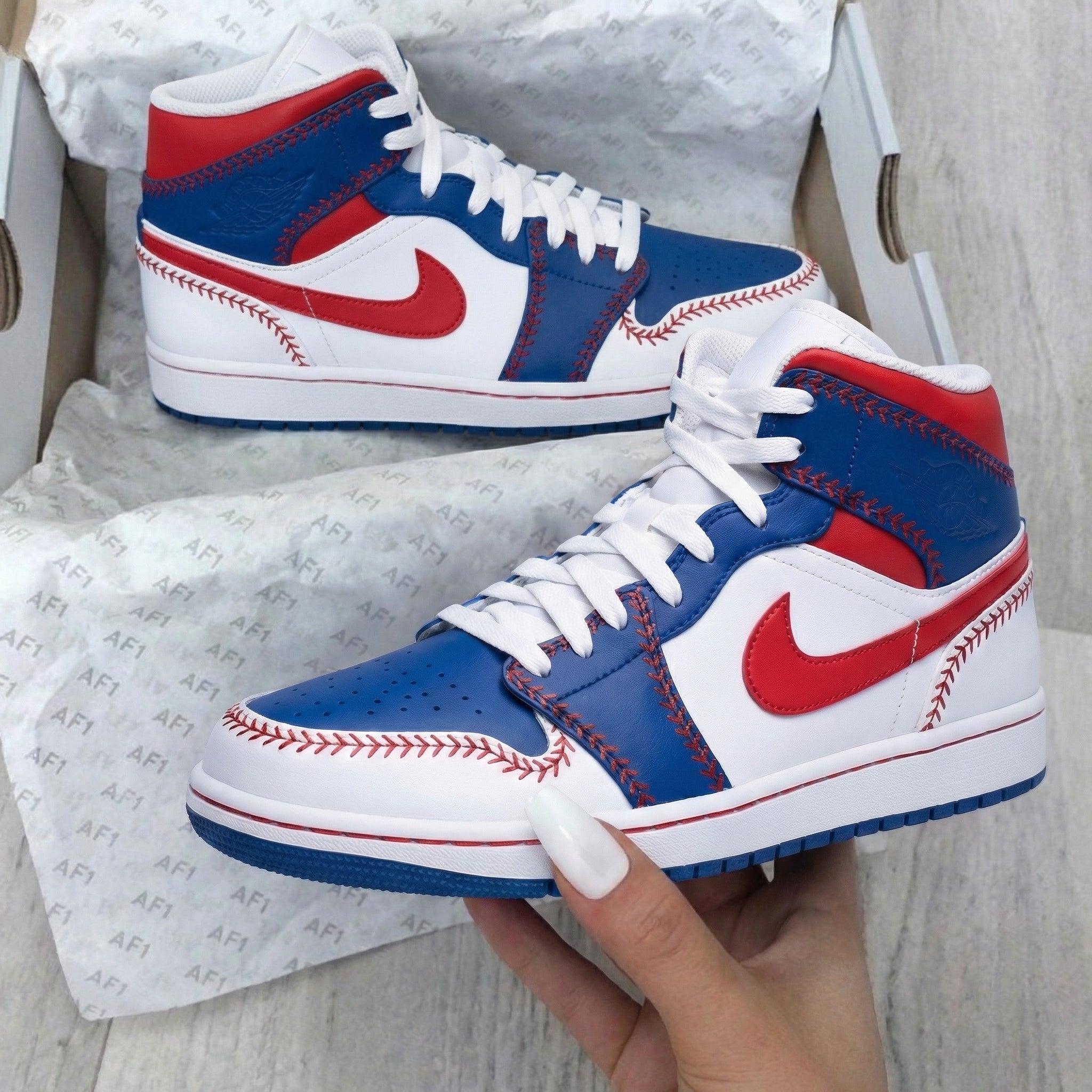 Red White Blue Baseball Stitch Custom Air Jordan 1-shecustomize