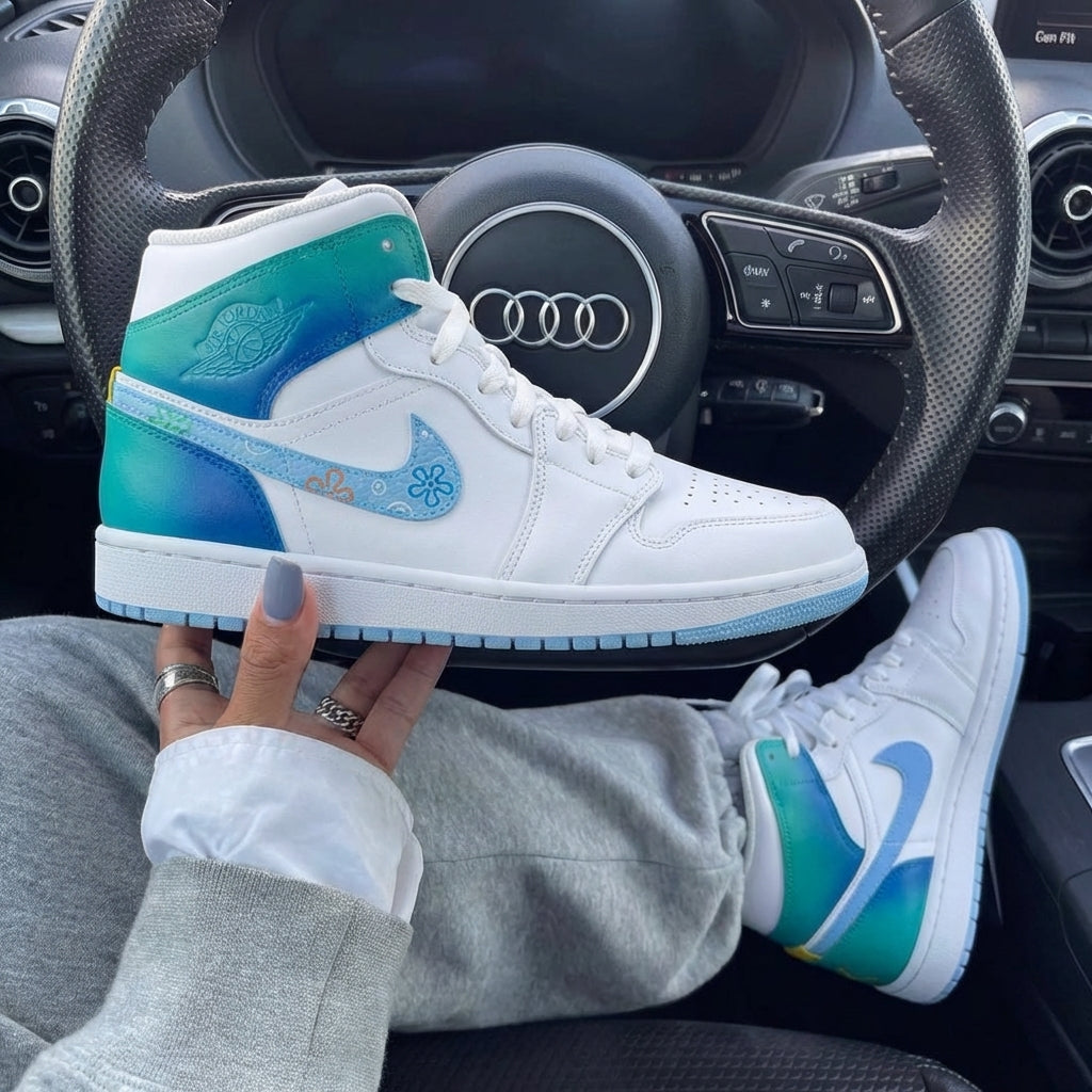 Teal Blue Baby Blue SpongeBob Flowers Custom Air Jordan 1-shecustomize