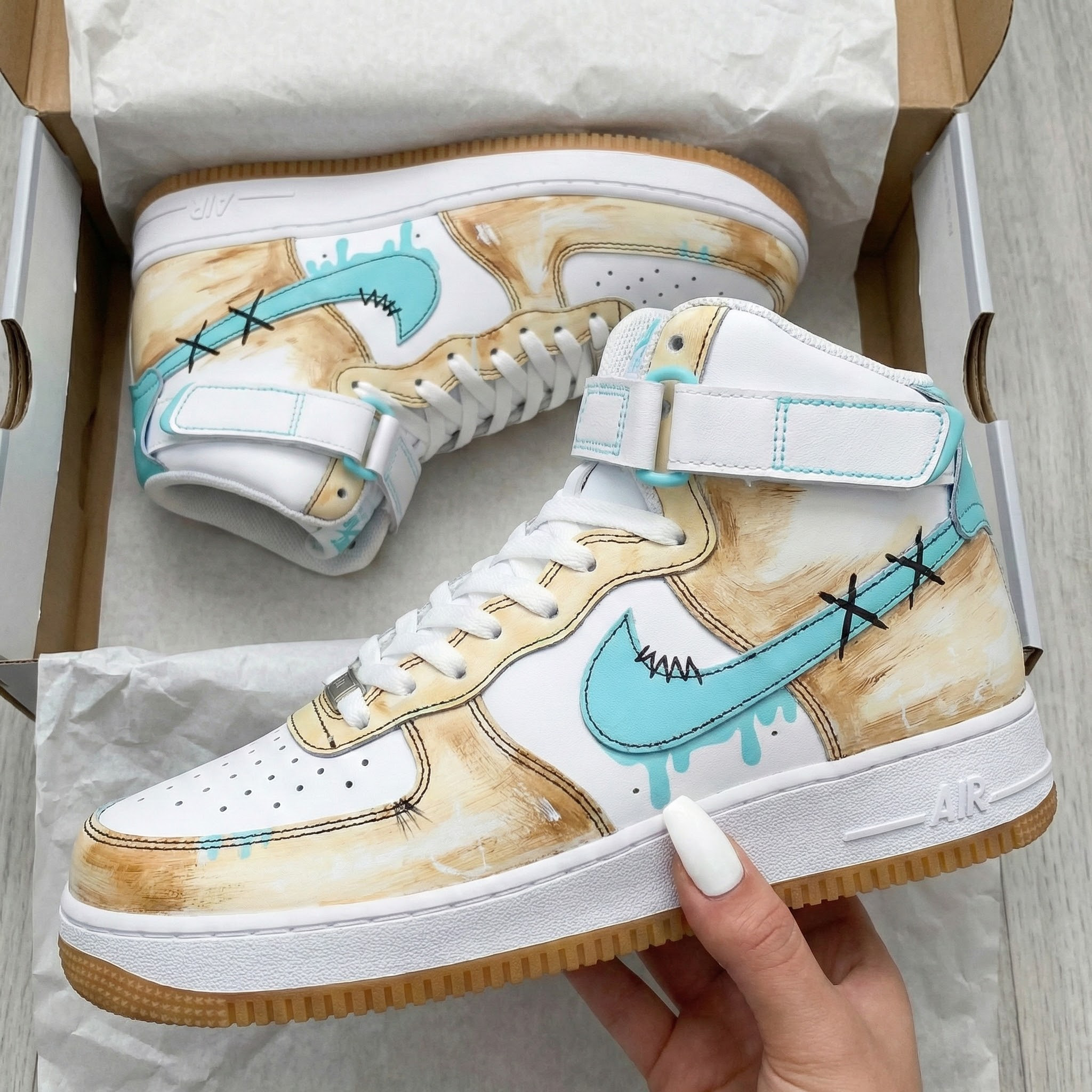 Turquoise Tan Stitched Custom Air Force 1-shecustomize