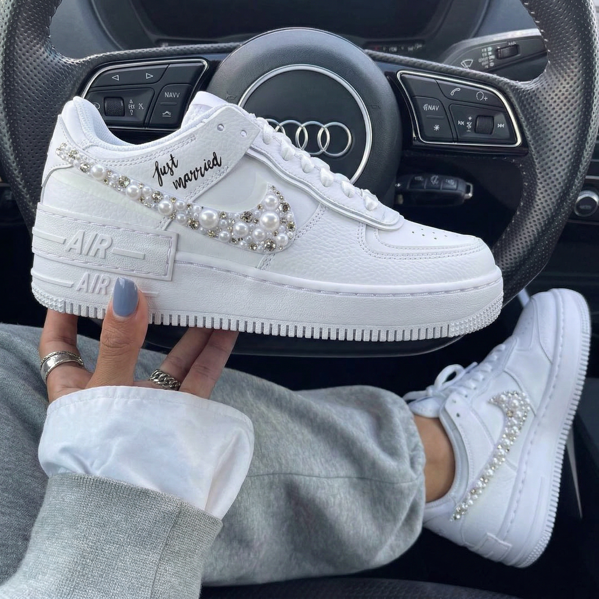 Weeding Just Married Pearls Rhinestones Custom Air Force 1 Shadow-shecustomize