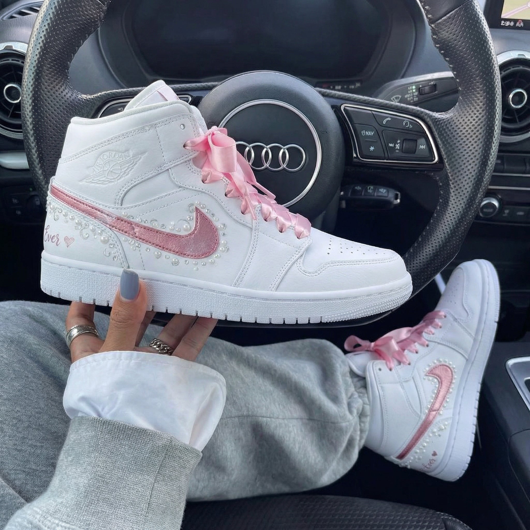 White & Baby Pink Pearls Ribbon Laces Custom Air Jordan 1-shecustomize