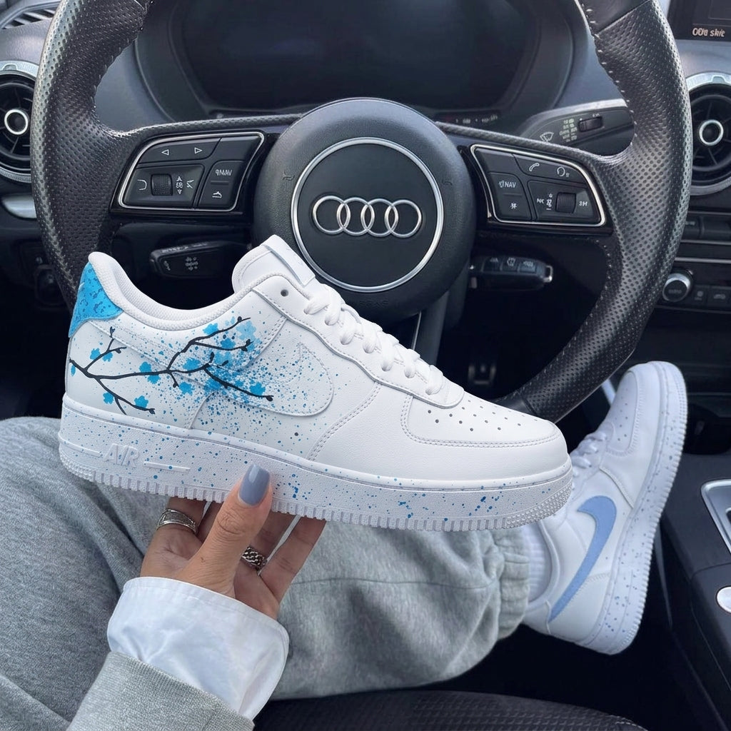 White Baby Blue Cherry Blossom Branches Splatter Custom Air Force 1-shecustomize