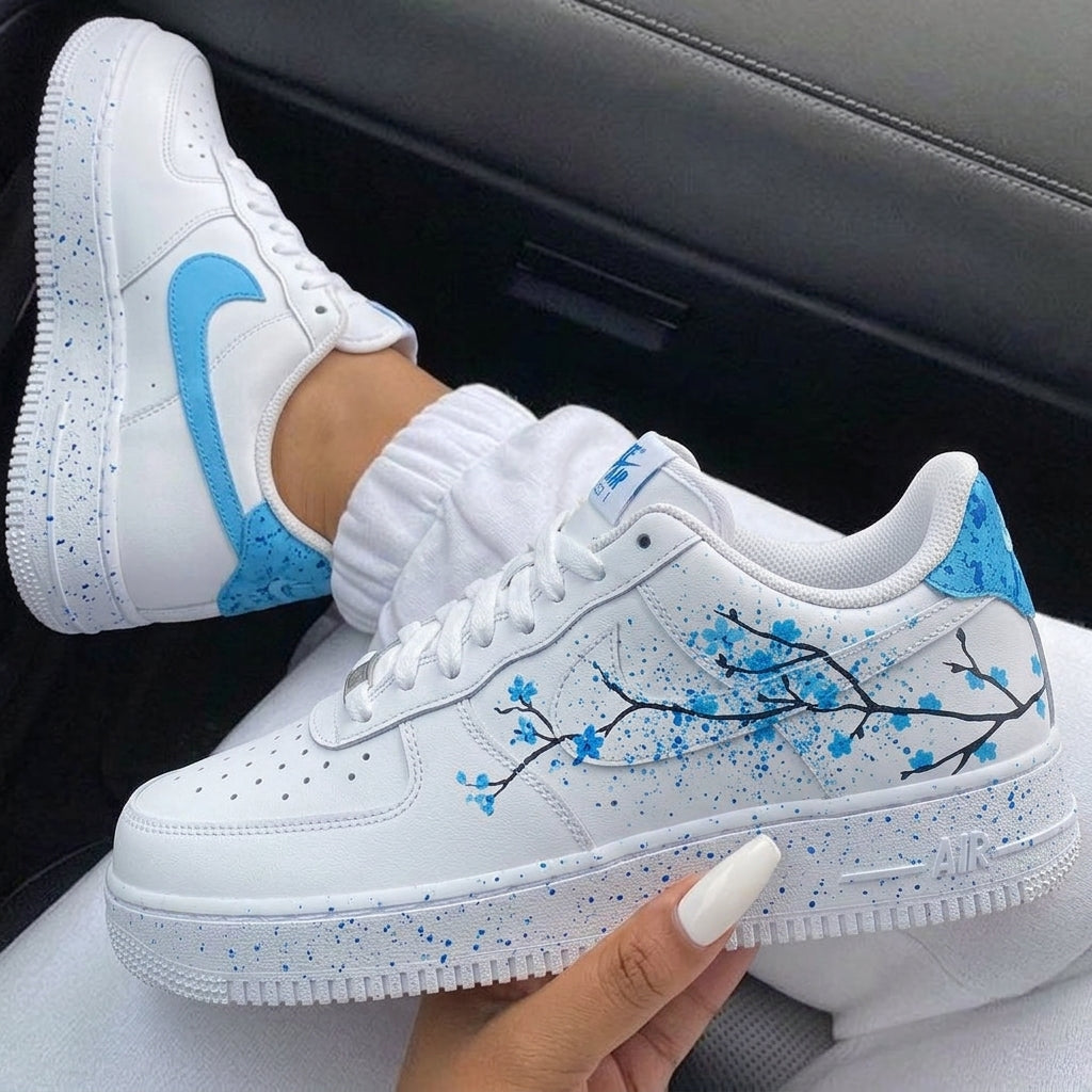 White Baby Blue Cherry Blossom Branches Splatter Custom Air Force 1-shecustomize