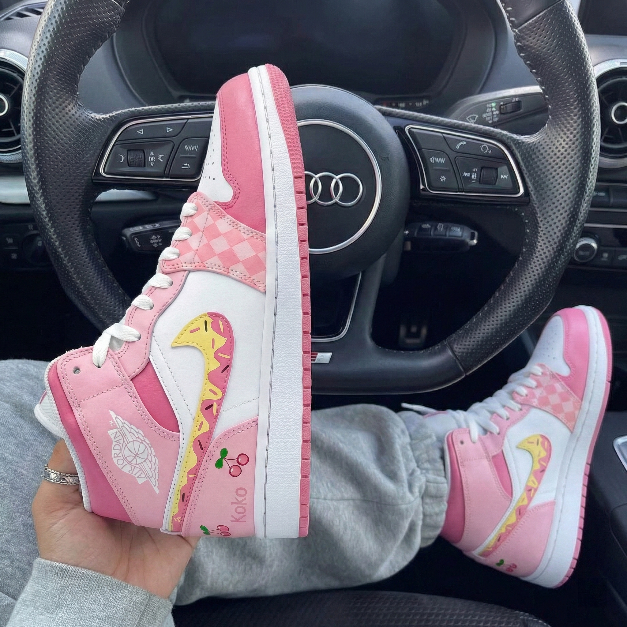 White Baby Pink Checkered Donut Swoosh Cherries Custom Air Jordan 1-shecustomize