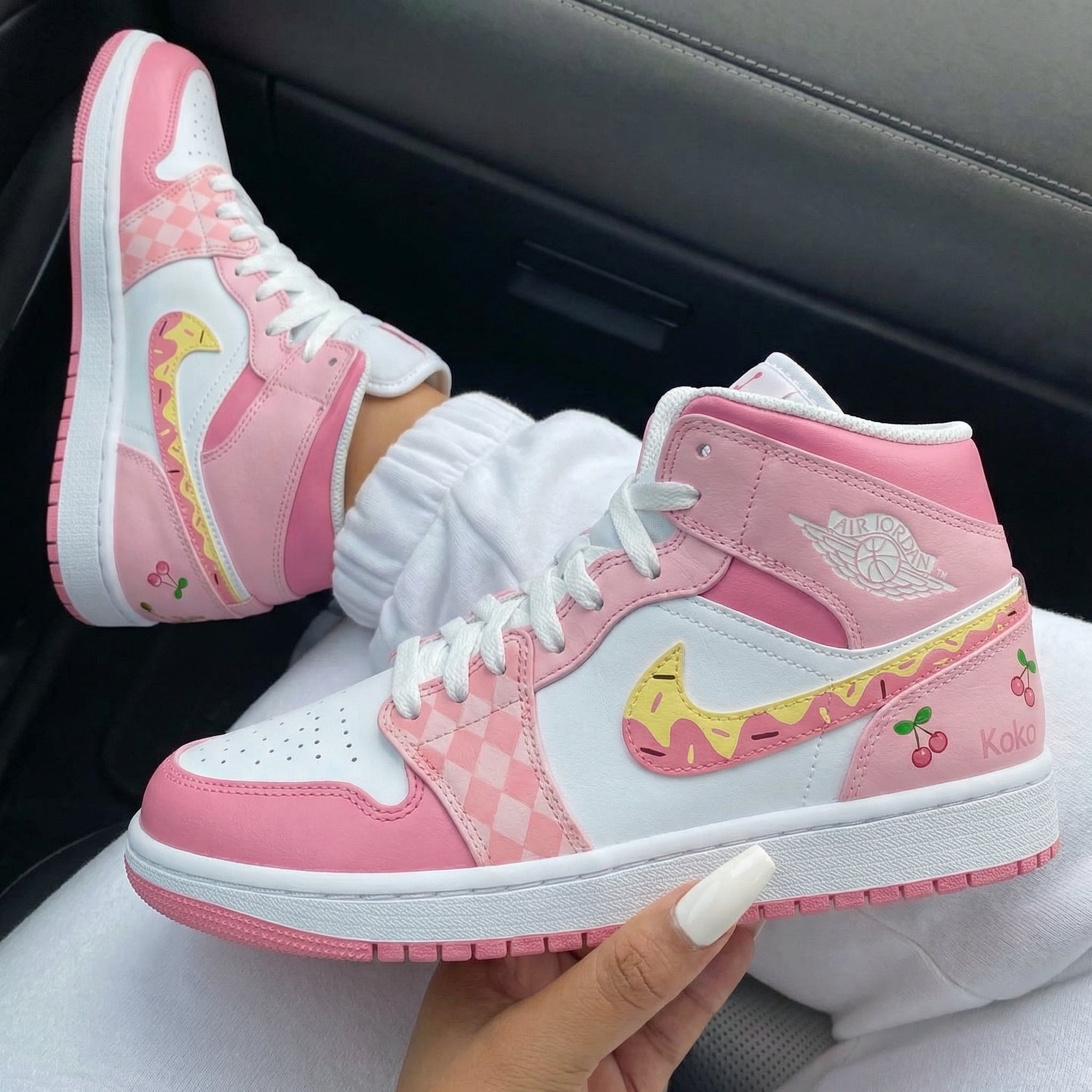 White Baby Pink Checkered Donut Swoosh Cherries Custom Air Jordan 1-shecustomize