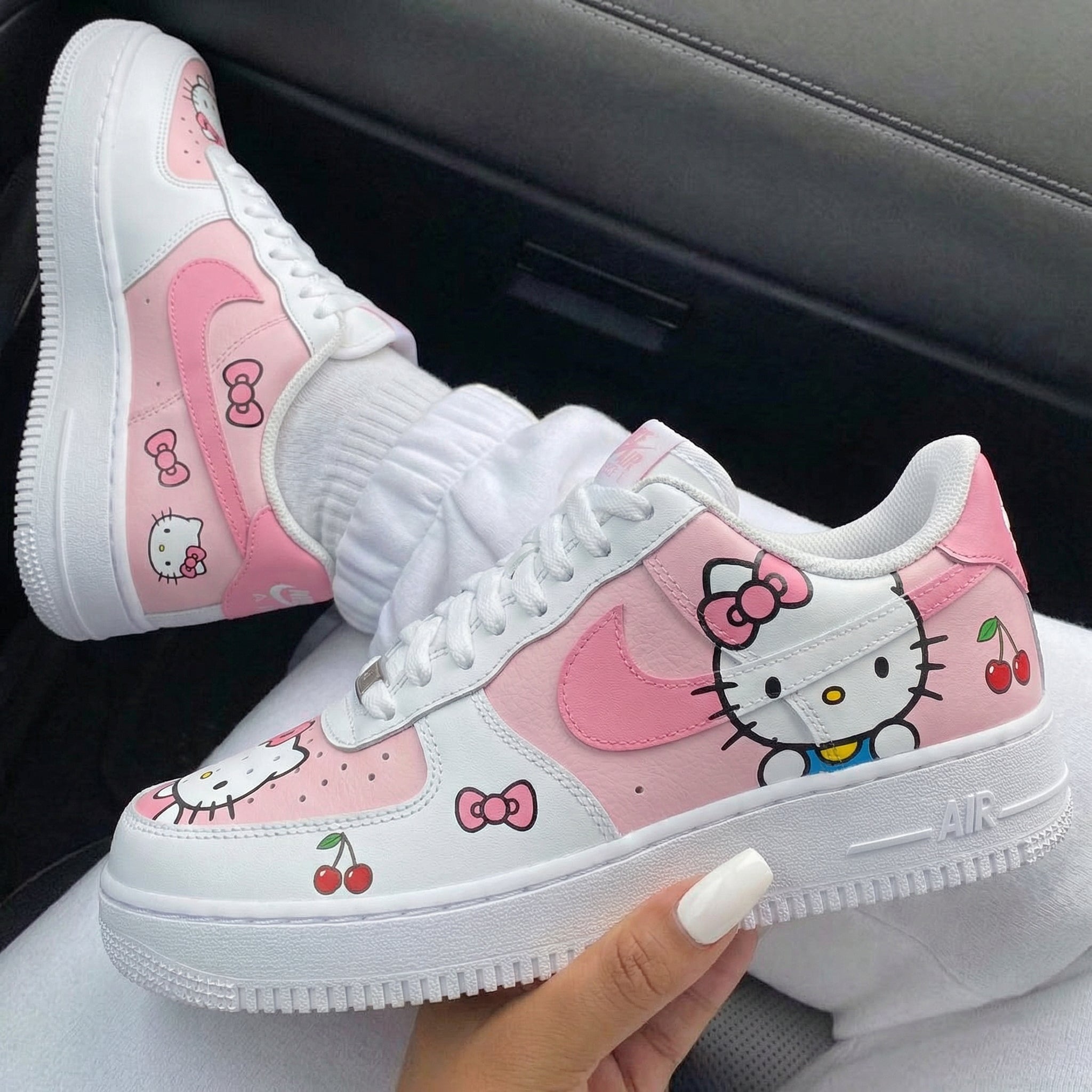 White Baby Pink Hello Kitty Cherries Bows Custom Air Force 1-shecustomize