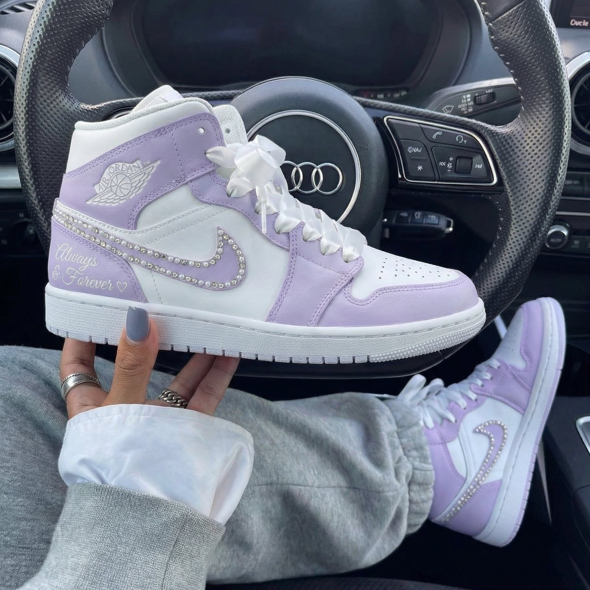 White Baby Purple Pearl Rhinestone Swoosh Always Forever Custom Air Jordan 1-shecustomize